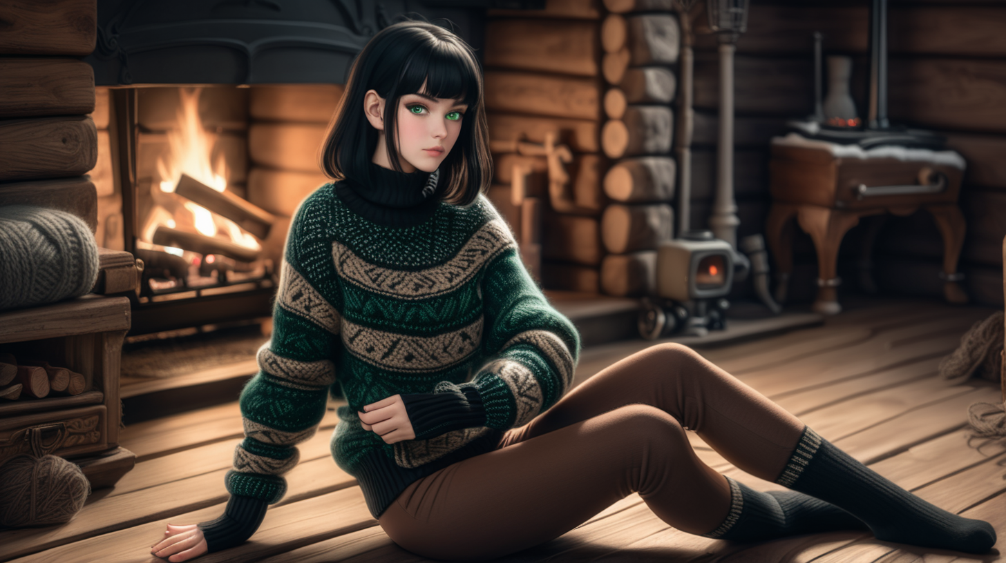 Hot girl with black hair and green eyes wearing fully knitted wool brown sweater.Wearing black spandex leggins, brown hand - knitted traditional socks. Black woolen bodice. She sitting on the wooden floor in old and dusty country house. Outside is winter and snowy. It's dark. Big fireplace, cyber - cat, robots.
