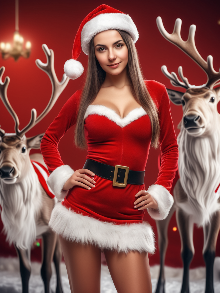 Slim Bulgarian girl waring a sexy Santa outfit, surrounded by reindeer, Father Christmas in the background, professional photo, photorealistic, realistic, cinematic, accurate, no cartoon, no anime