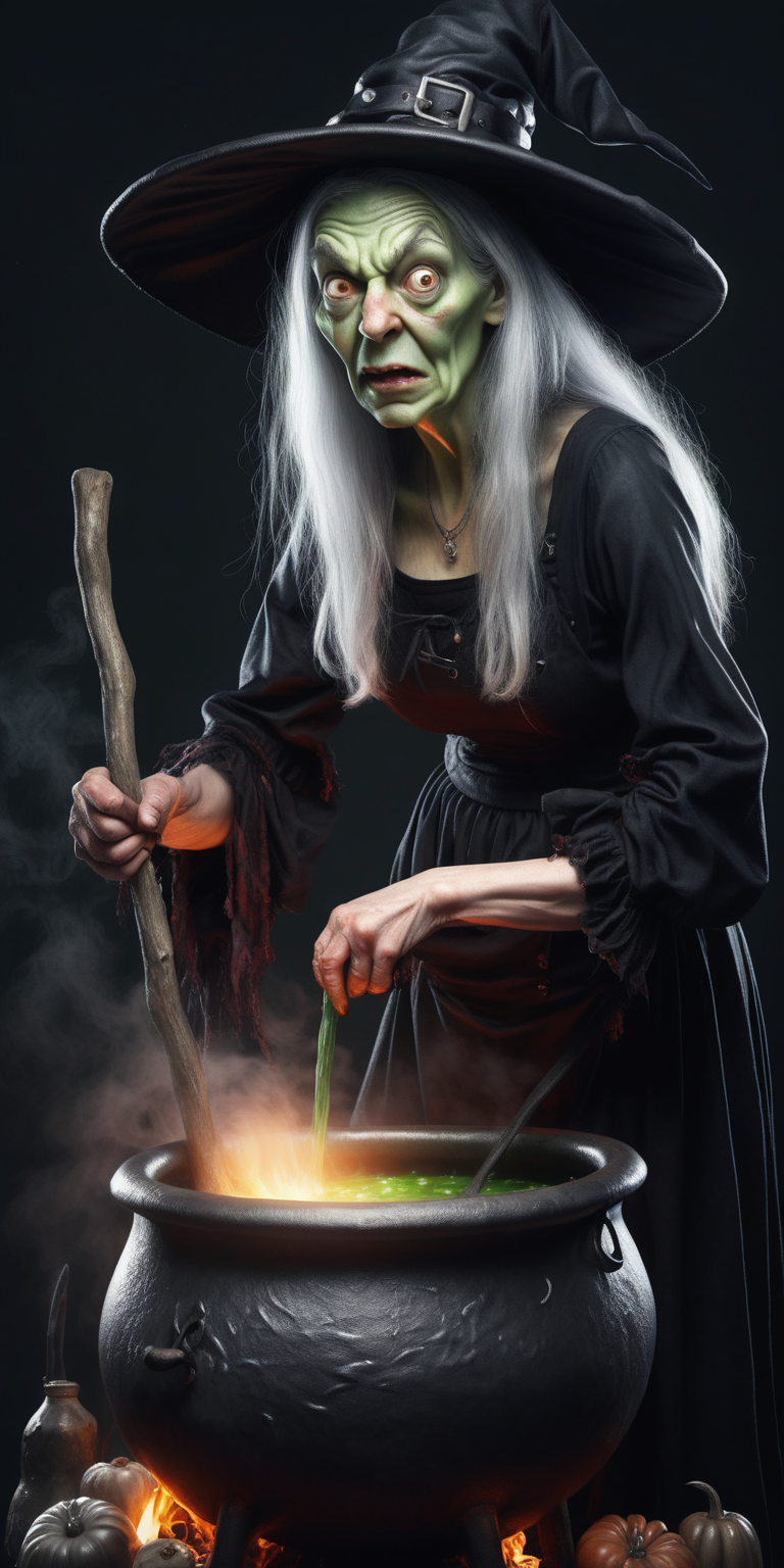realistic ugly witch stirring a cauldron