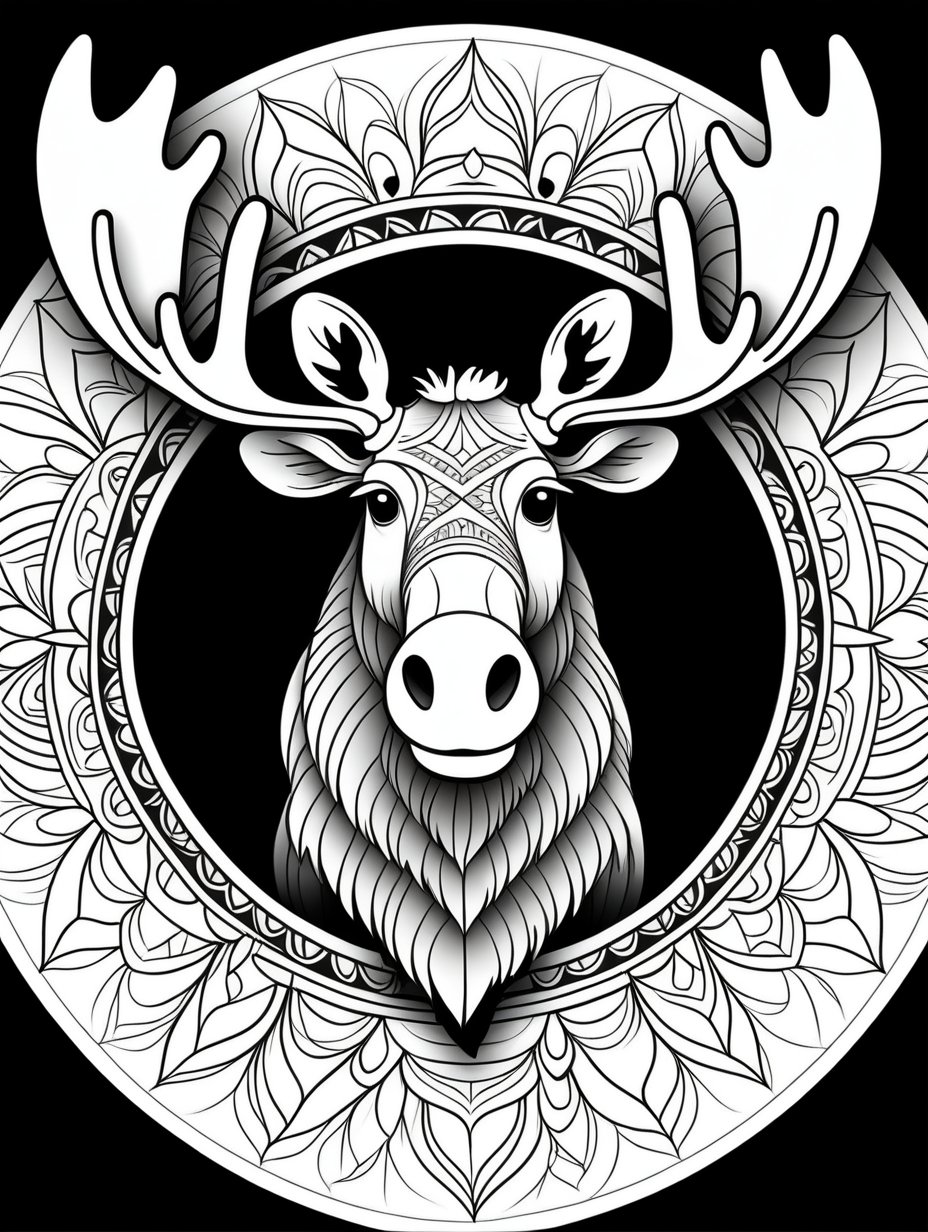moose inspired mandala pattern, black and white, fit to page, children's coloring book, coloring book page, clean line art, line art, no bleed