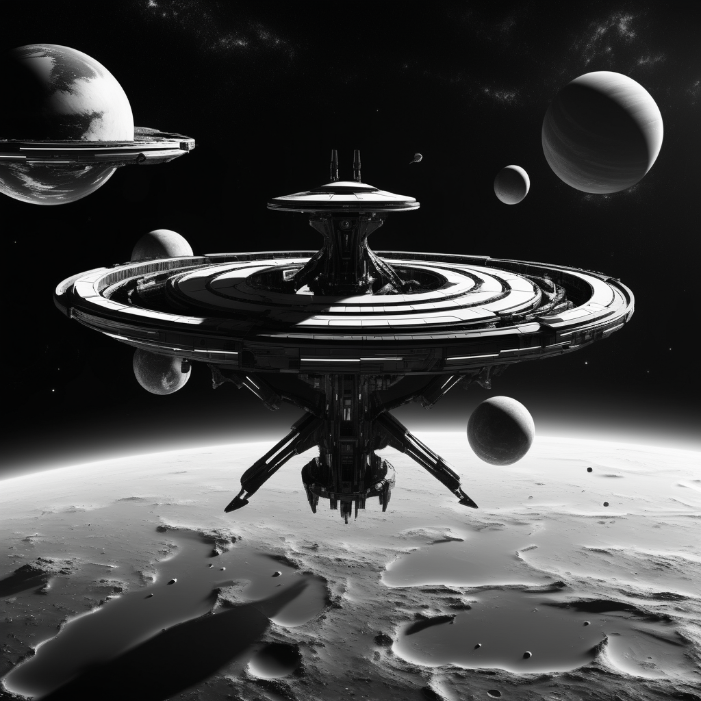 black and white futuristic space weapons platform in