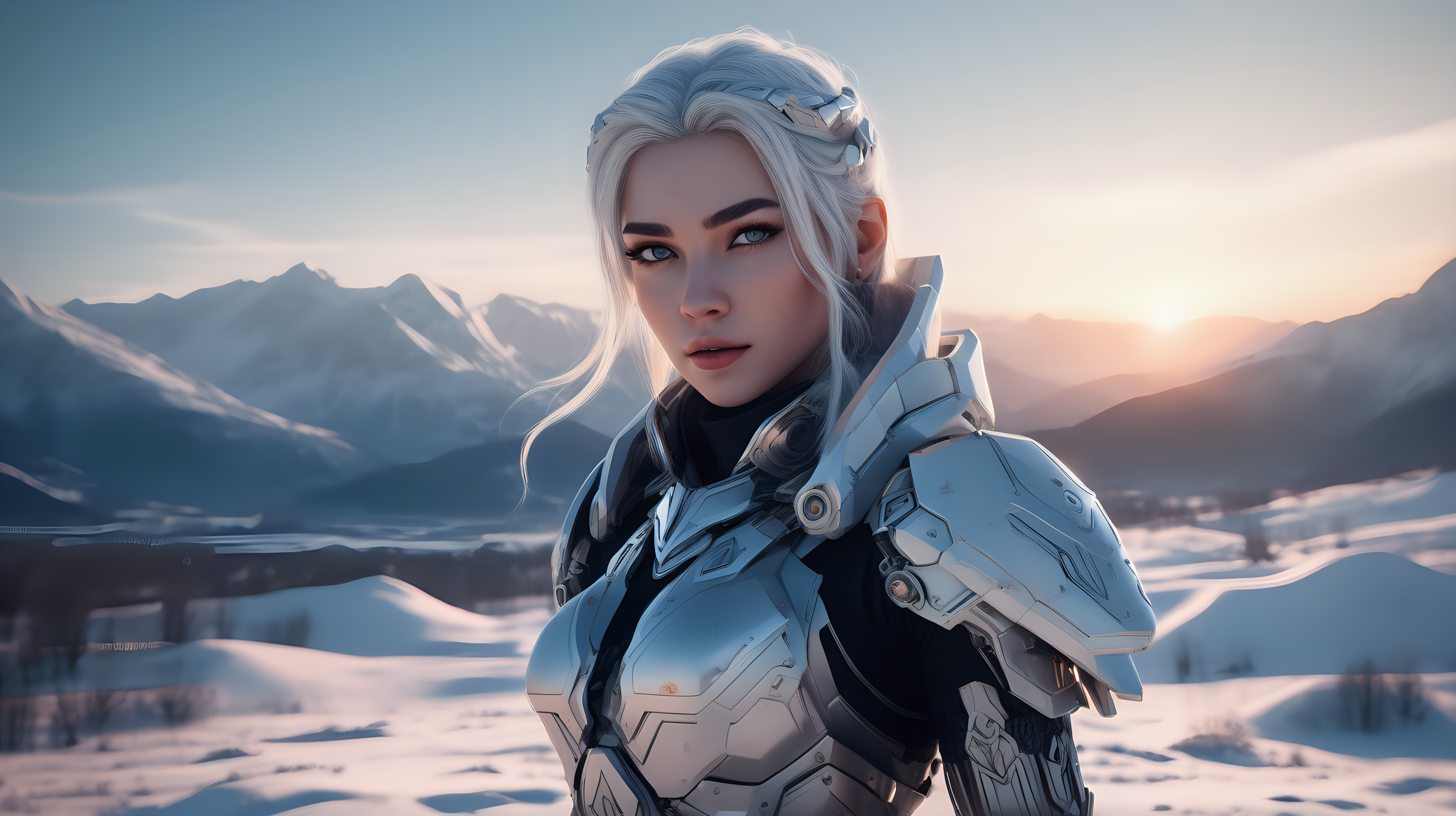 the photo is taken in snowy landscape with mountains in the distance sunset. a cyborg cute valkirie looking camera. Sharp focus. A ultrarealistic perfect example of cinematic shot. Use muted colors to add to the scene.