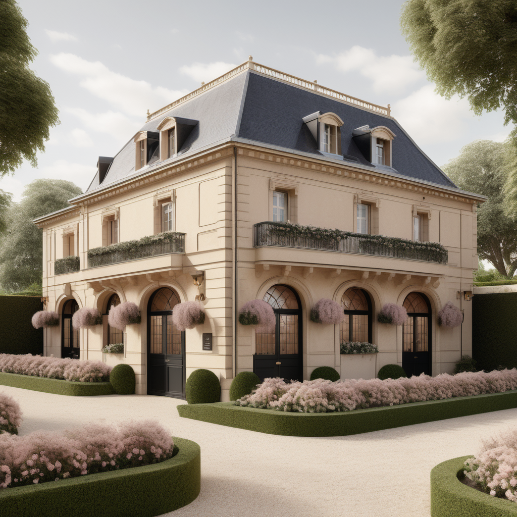 A hyperrealistic image of a modern Parisian horse stables building viewed from the outside in a beige oak brass colour palette with accents of black and dusty rose, with an adjoined veranda covered in star jasmine, and beautiful garden beds and sprawling lawns around it
