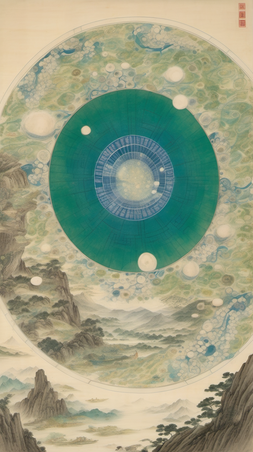 chinese gongbi drawing, with traversable wormhole, other worldly scenery, cosmos, quail eggs, greenblue mountain, underground, parsifal