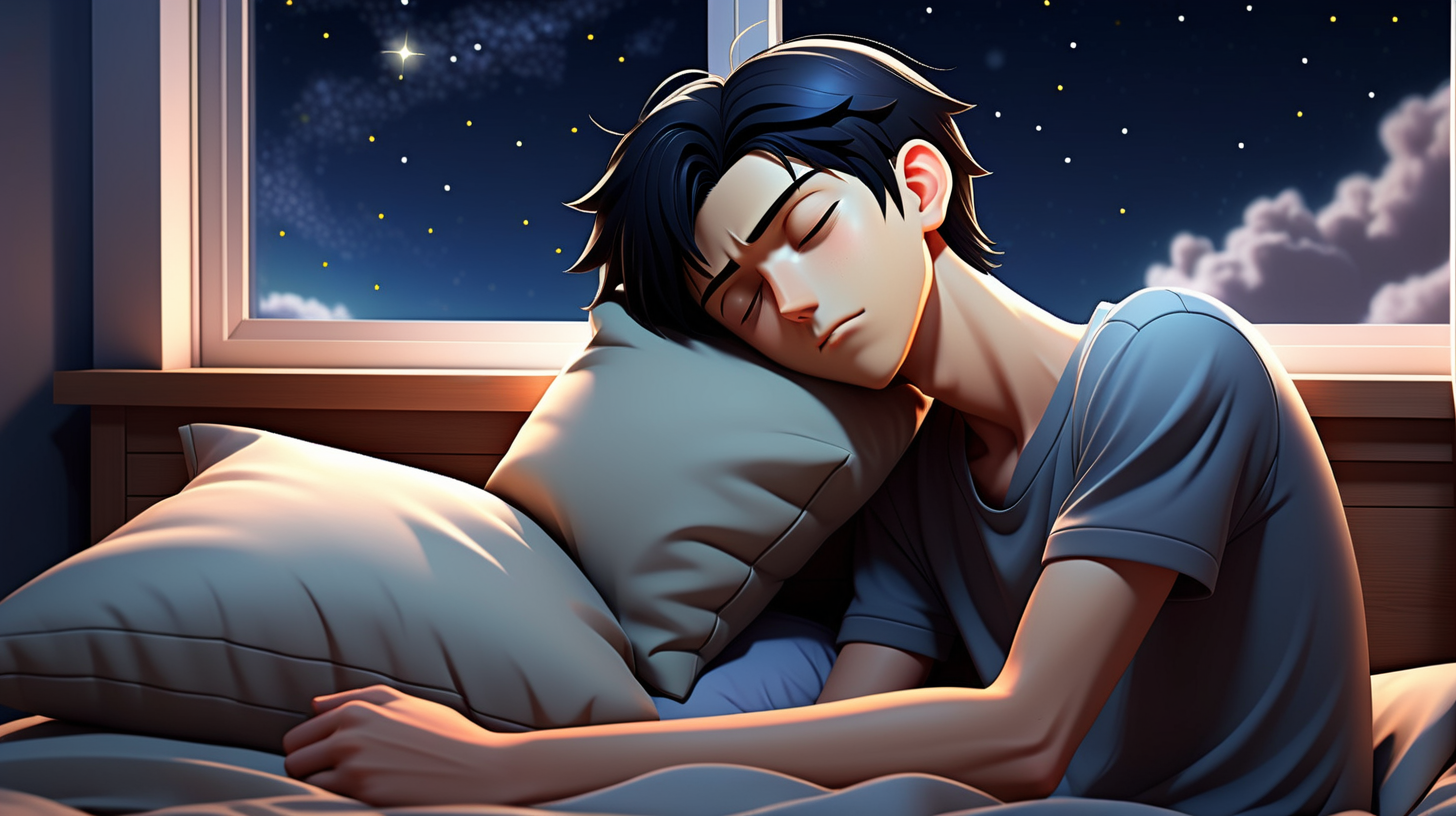 handsome anime young boy, sleeping in the bedroom, black hair, modern clothes, feeling happy, background with a beautiful night sky with lots of stars, simple full color, high quality, lively eyes, dark, gloomy, dark color, natural eyes, hd, hyper realistic,