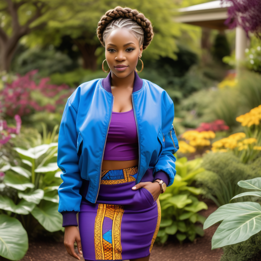 Attractive African woman, wearing braided hair, wearing an African print Skirt, wearing a cerulean blue Wool, waist length, bomber, with African print material in various areas of the garment, wearing a purple, knit dress shirt, wearing cream colored denim with African print material  inside the pockets,  Vibrant images that represent African heritage, In a lush colorful botanical garden, looking to the left, 4k, high definition, high resolution, sunny day light source from above center