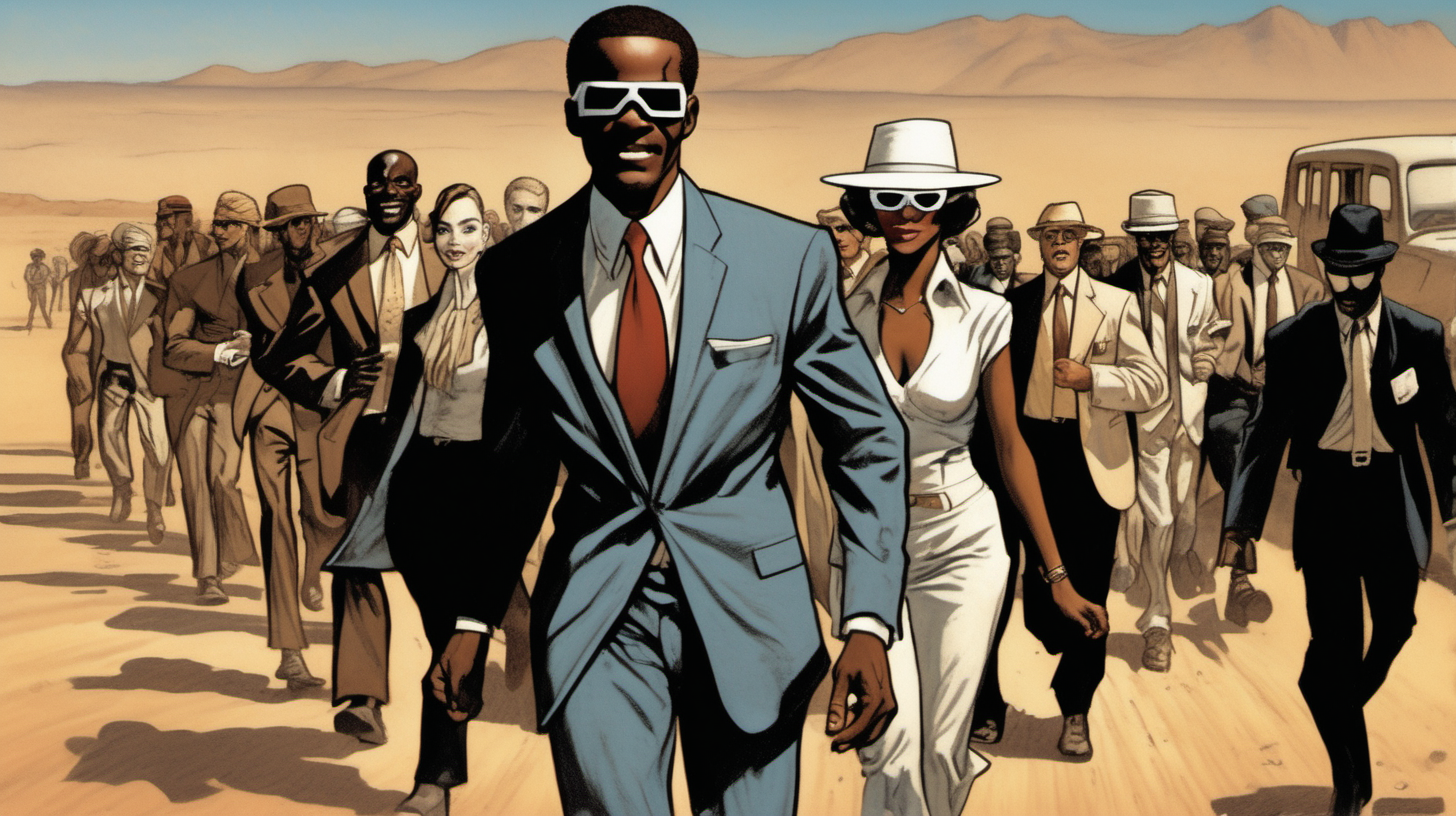 a blindfolded black man with a smile leading a group of gorgeous and ethereal white and black mixed men & women with earthy skin, walking in a desert with his colleagues, in full American suit, followed by a group of people in the art style of Ed Emshwiller comic book drawing, illustration, rule of thirds