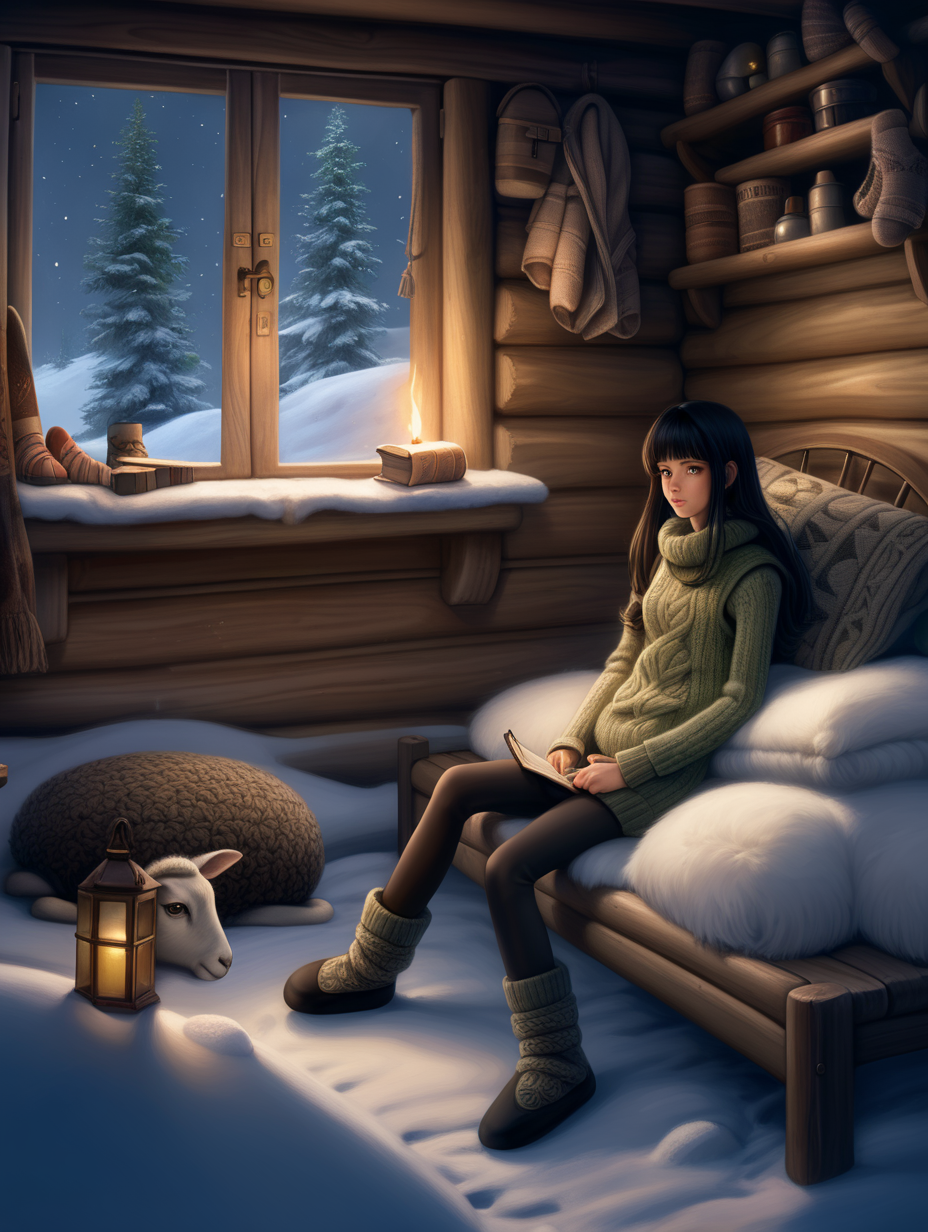 Deep winter and lot of snow outside. Its dark night - only yellow moon on sky and few blinks of light in the snowy tree crowns. Inside cozy wooden winter cabin hot girl with black hair and green eyes lay on wooden low bed covered with brownish soft and mossy lamb skin. There is a big and hot stone fireplace.  Bed is covered with knitted woolen blankets in brown and white. Girl wearing black leggings tights, wrinkled knitted white and brown woolen socks, GALOSH. White without sleeves thick and coarsely woven sweater, knitted woven handmade slippers. Around laying some sci-fi books, unfinished knitted socks - many pairs. Near the wooden door with small windows are thick rubber boots, shotgun, shells, big knife.