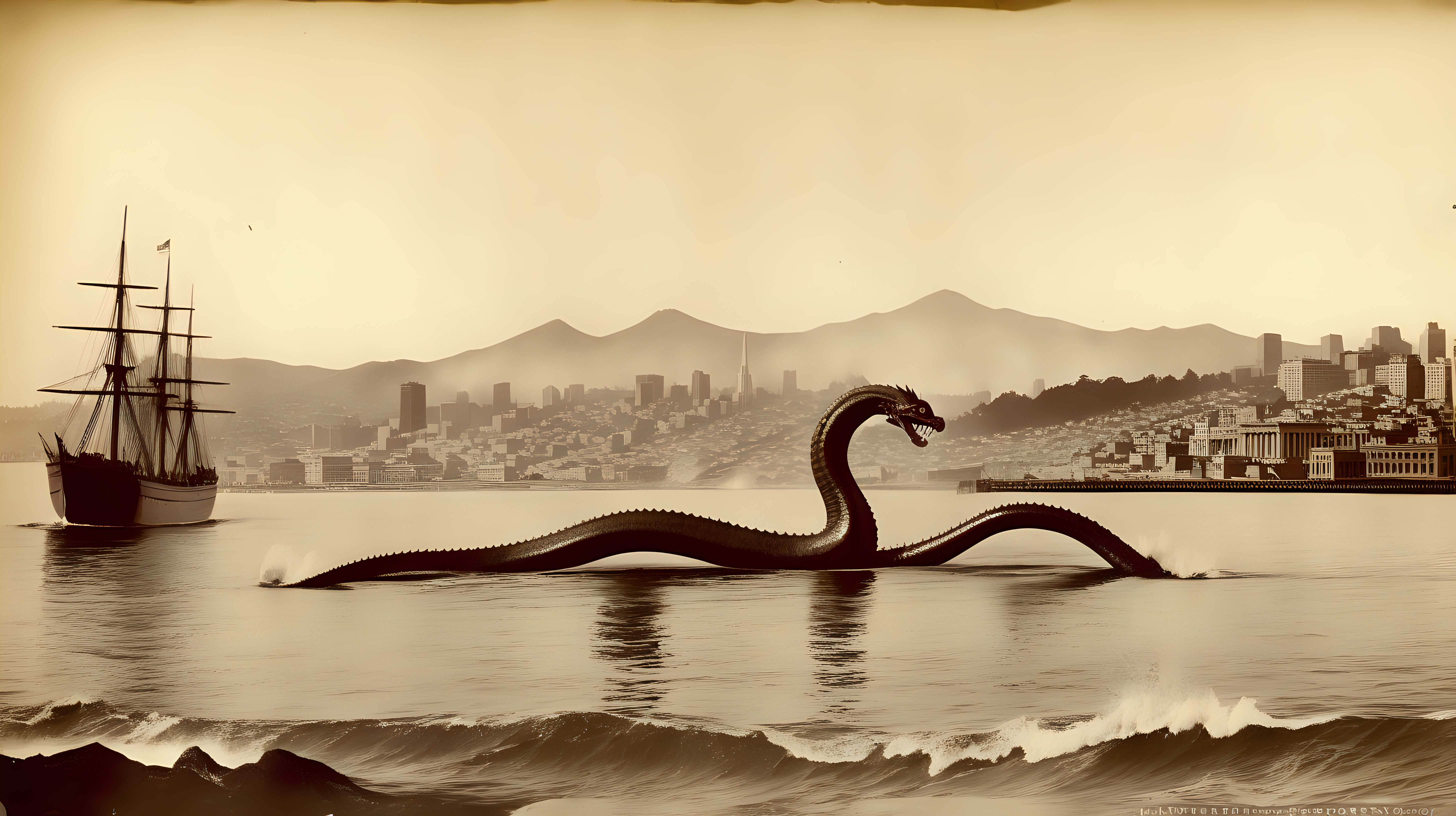 sea serpent destroying 1900s San Francisco