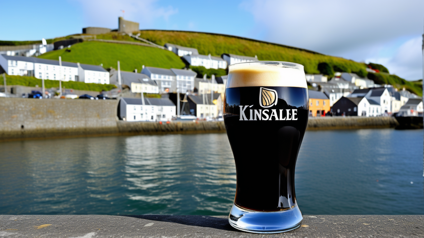 irish stout beer in glass without a logo with an Kinsale harbor in the background