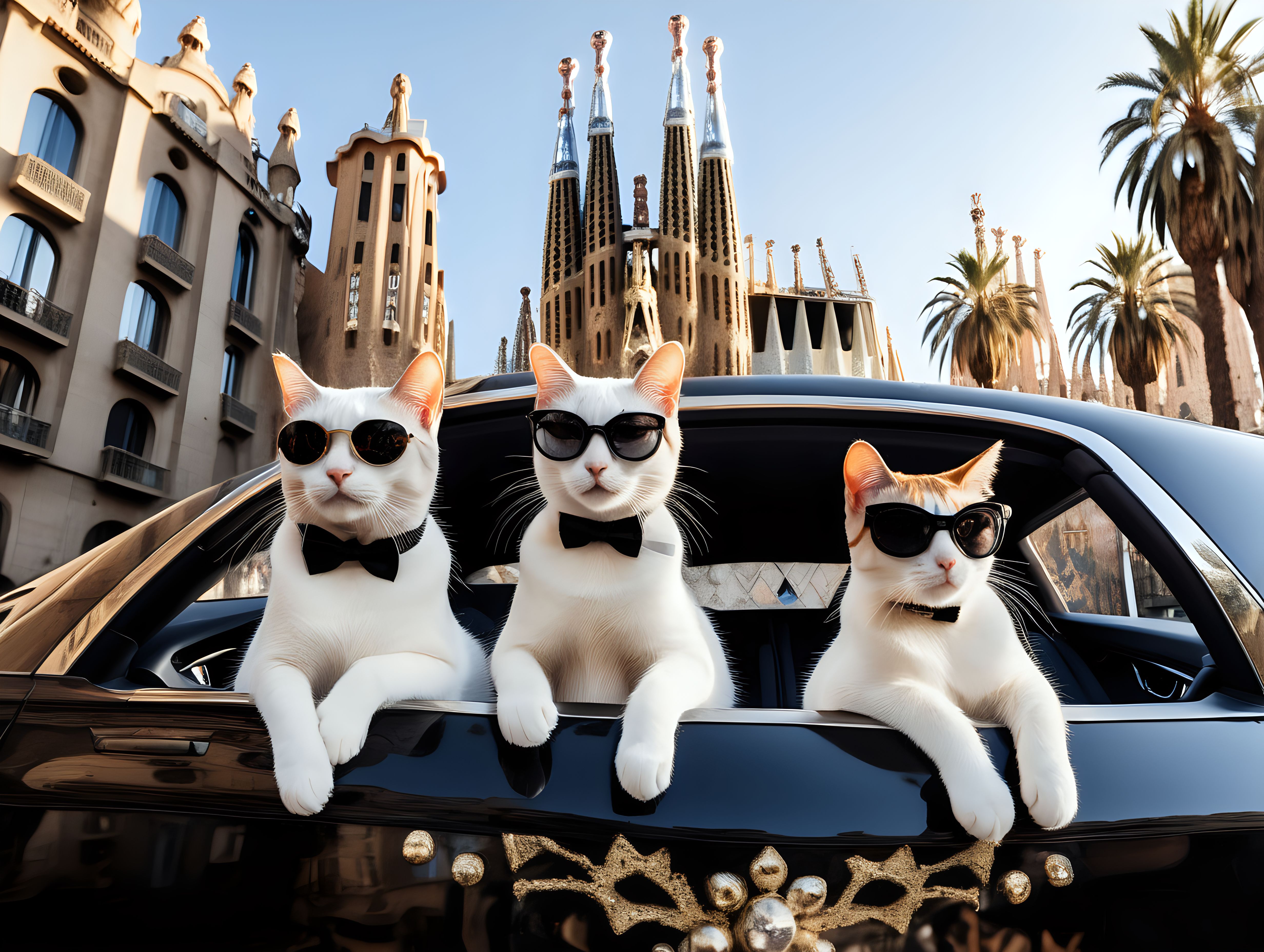 three cats in a luxury car in Barcelona dressed like James Bond with dark glasses Christmas Eve and Sagrada in the backround Gaudi style