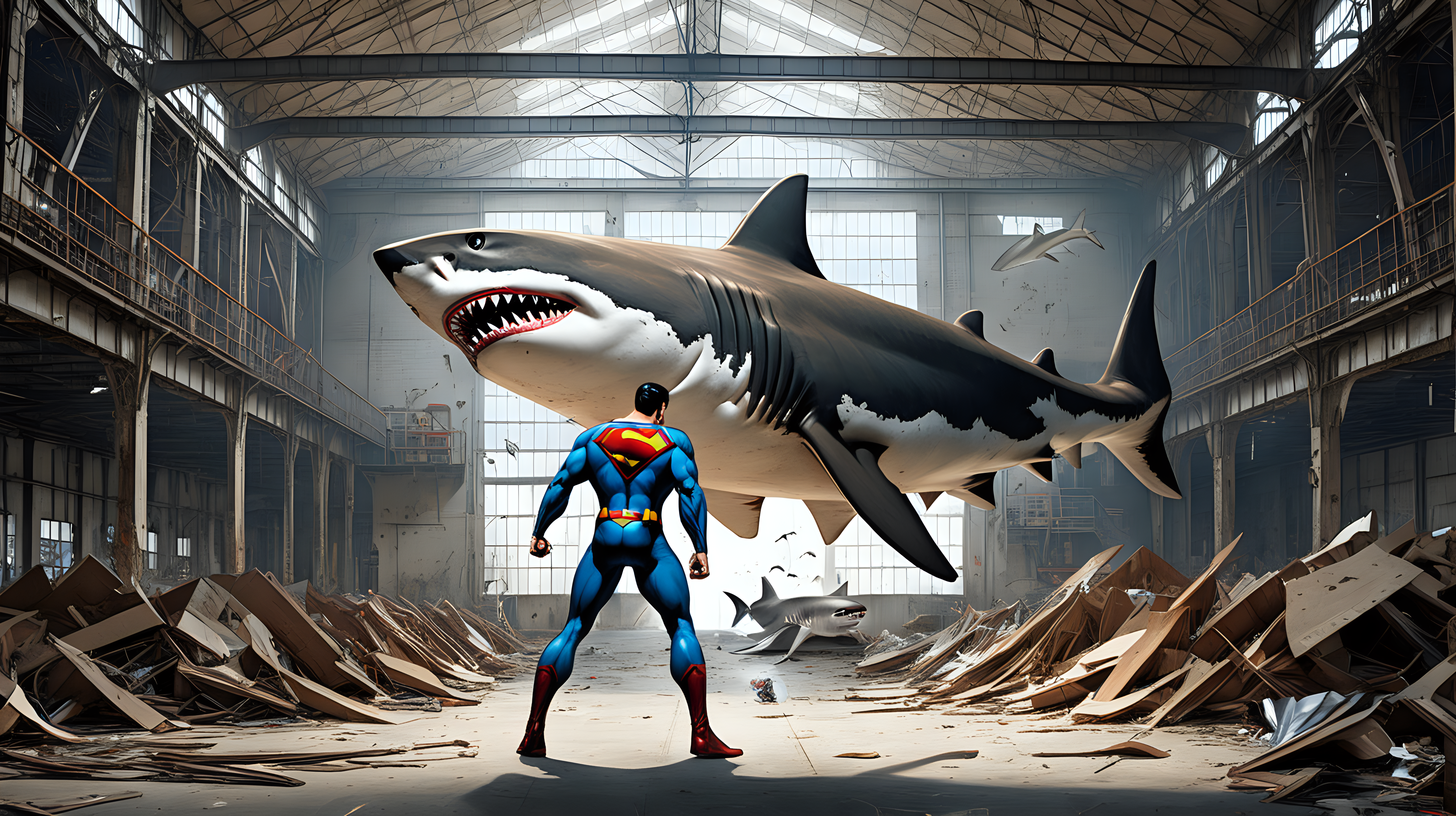 Superman fights a shark with lets and wings in an abandon guitar factory