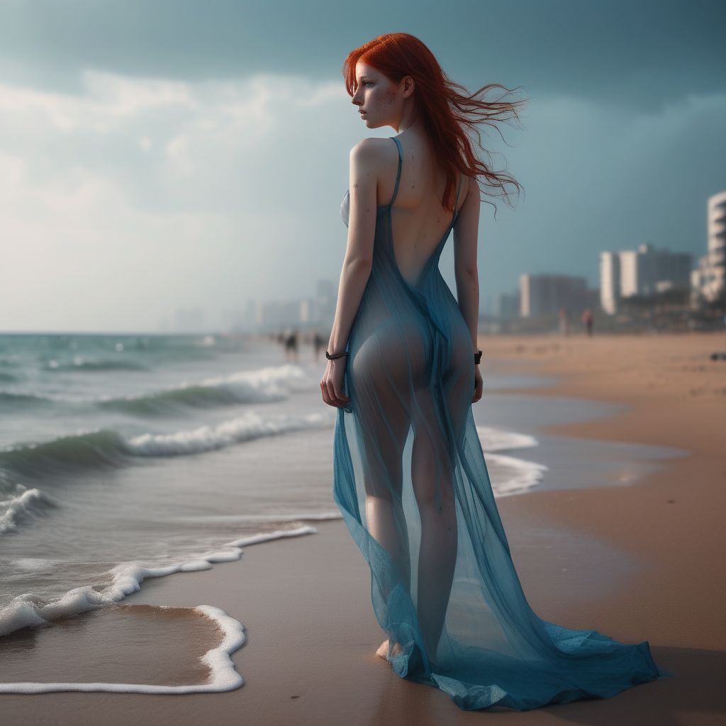 A photo of a cyberpunk beach. Only one girl is standing, She has her back to the camera and turns her head looking towards the camera. The girl is wearing a long Translucent alluring dress that reveals her body curves. a short blue dress what is made of a fabric which allows her skin to be seen through. redhead straight hair. She is looking back at the viewer with a sugestive look (almost inviting us to be there). The lighting in the portrait should be dramatic. Sharp focus. A perfect example of cinematic shot. Use muted colors to add to the scene.