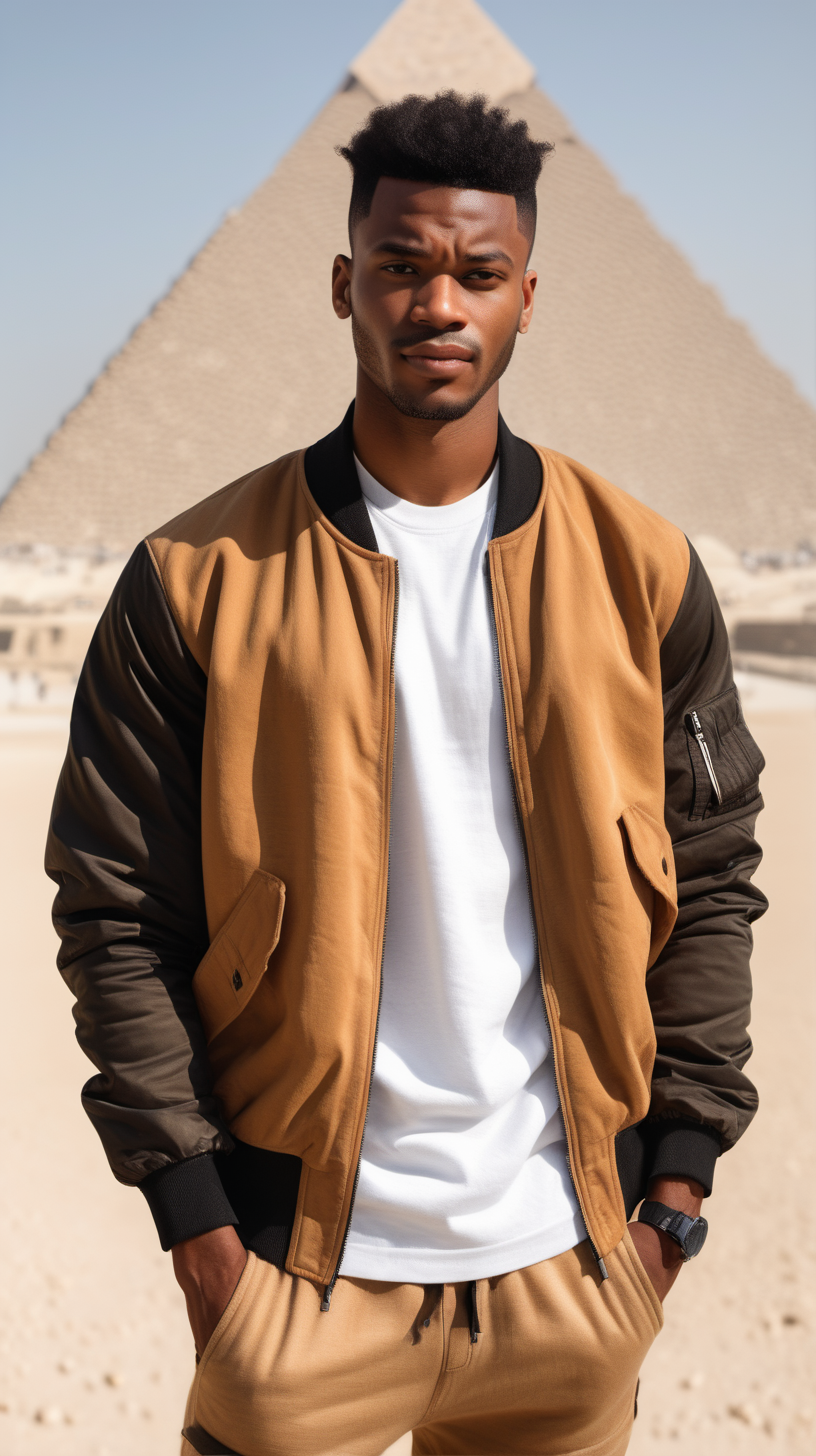 A handsome, young, African American man, wearing short, black hair, wearing a Camel Tan, cut and sew, bomber jacket, standing against the Pyramids of Ghiza, background, Facing  the camera, wearing a light, pine colored, linen, dress shirt, wearing a white tee-shirt, wearing Taupe Brown, Corduroy joggers, lighting is over the right shoulder, from behind, pointing down, ultra 4k, render, high definition, light shadowing