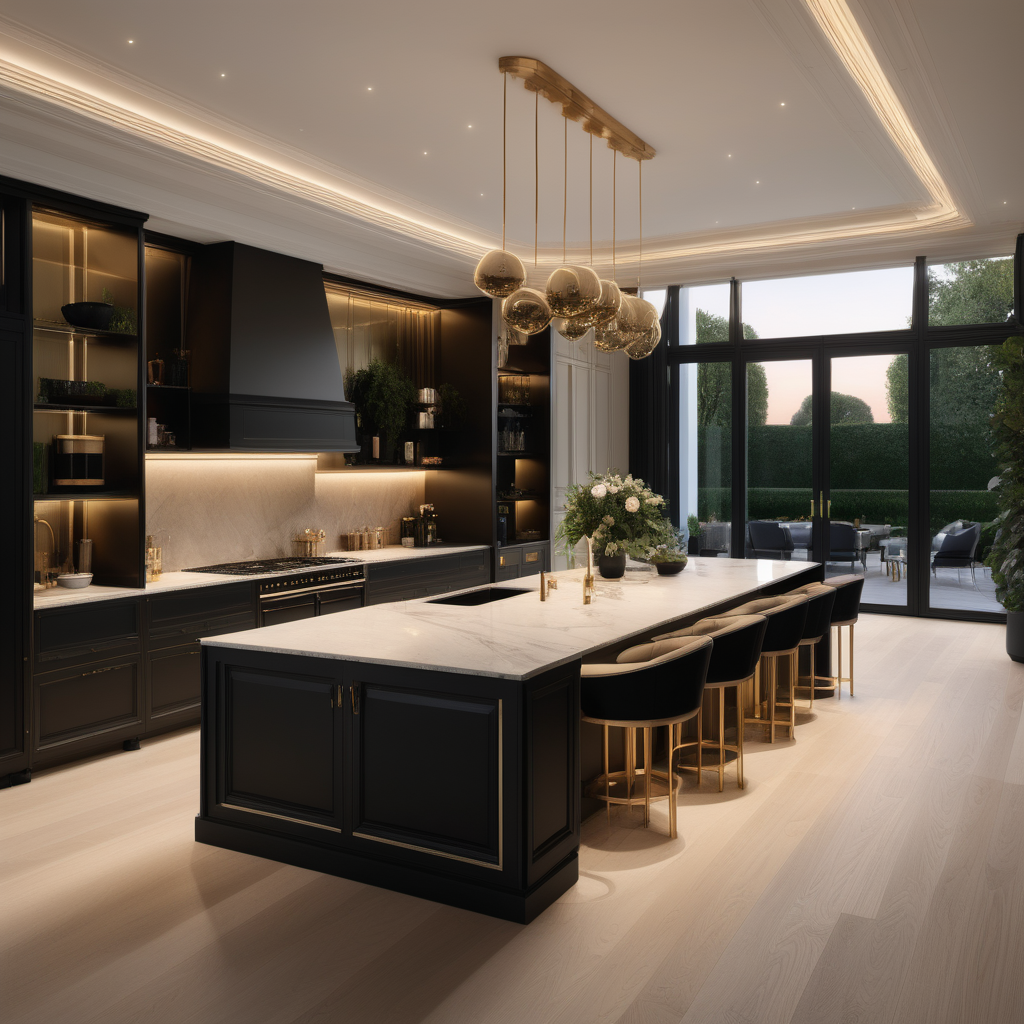a hyperrealistic of an elegant Modern Parisian estate home grand kitchen at dusk with island, mood lighting, floor to ceiling windows with a view of the manicured gardens, in a beige oak brass and black colour palette 
