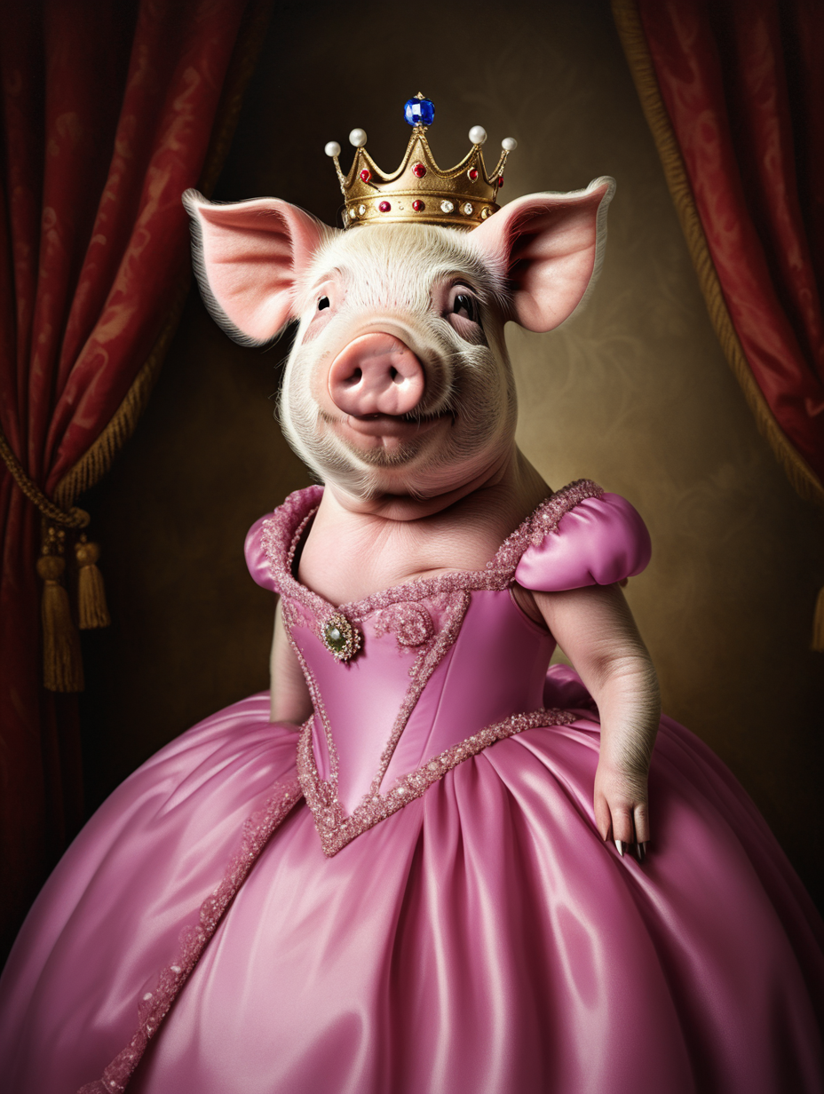 pig wearing royal ballgown portrait