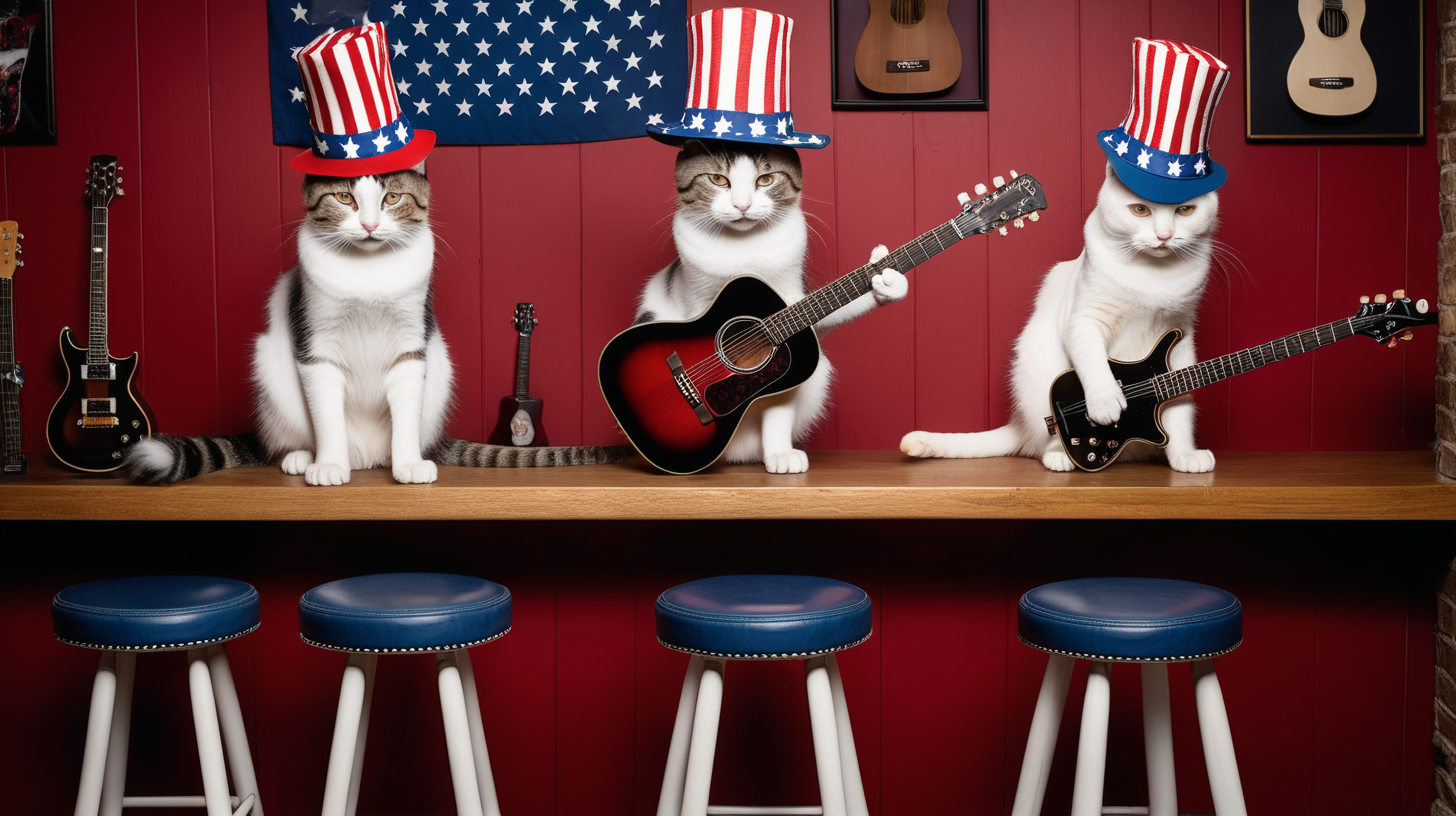 3 cats with hats playing stars and stripes guitars sitting on bar stools