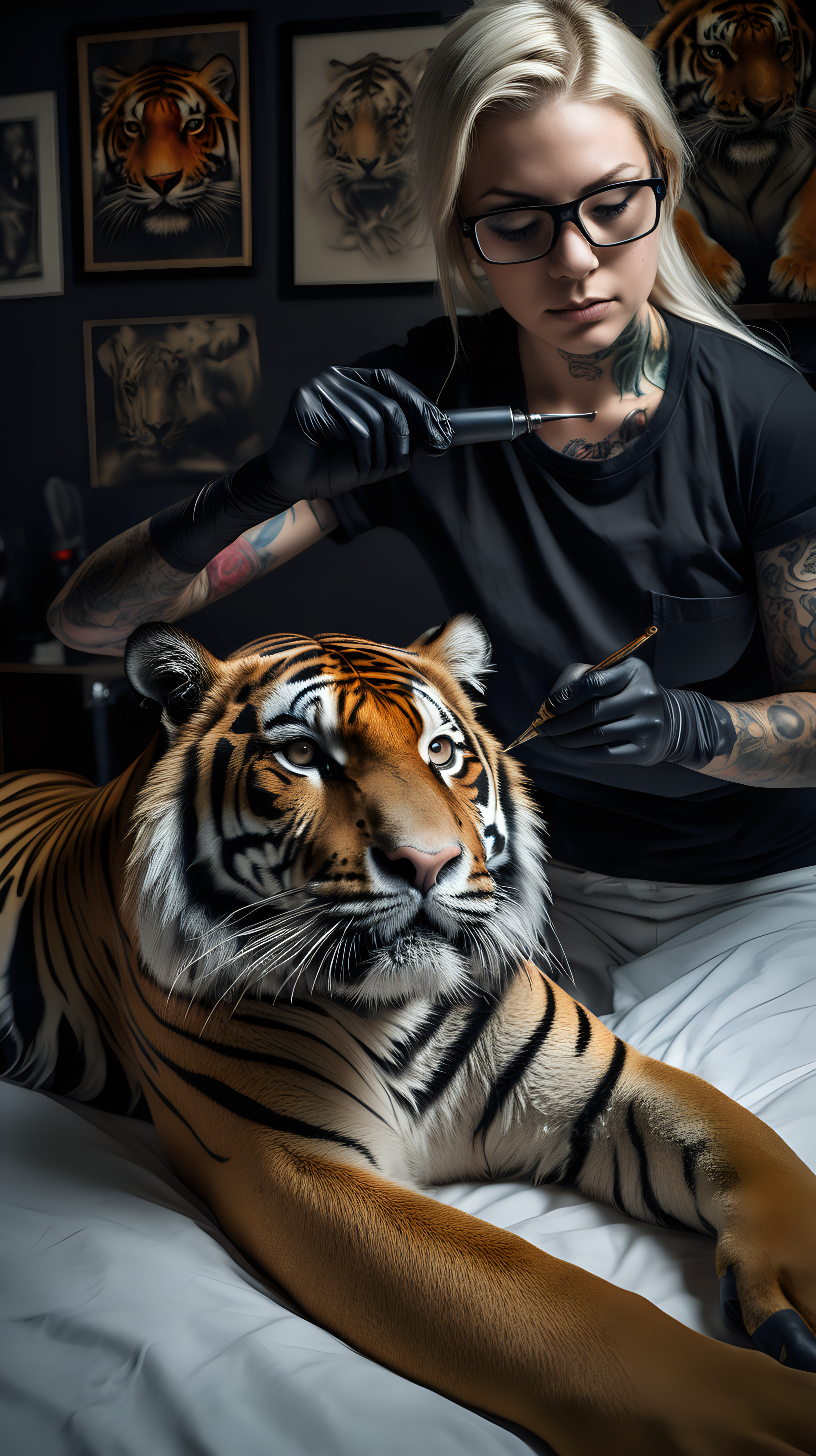 /imagine prompt :An ultra-realistic photograph capturing a sureal Tattoo performance scene. a human tattooing a tiger 
<camera> canon 5d mark III, equipped with an 85 lens at F 5.8 aperture setting
<location> a  tattoo studio beside an crowed street
<light> Soft spot light gracefully illuminates the subject’s body, casting a dreamlike glow.
/describe : a beautiful  woman that she is a tattoo artist with glasses and black shirt ,has black nitrile gloves, has a black surgical mask, seated beside the  client bed, tattooing on a real wild tiger's body! a golden tattoo machine in his hand.
–no tattoos on head 
 woman  has natural beauty with beautiful blonde short hair  .
a real tiger laid gently on tattoo client's bed same as a tattoo client to taking tattoo on its body creating a sureal scene.
The background is black , absolutely blurred, highlighting the subjects.
The image, shot in high resolution and a 16:9 aspect ratio, captures the subject’s natural beauty and personality with stunning realism

–ar 9:16 –v 5.2 –style raw
