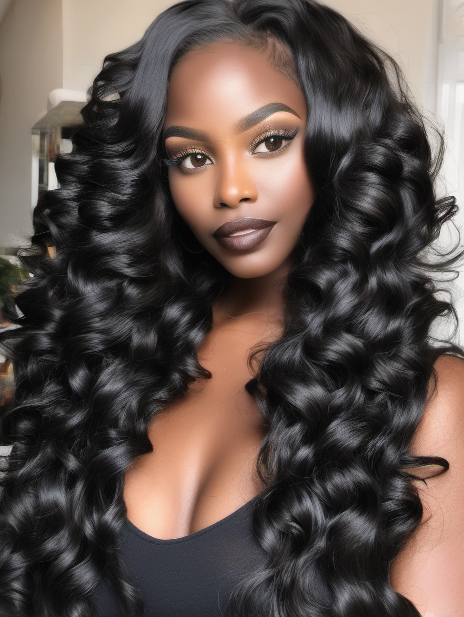 pretty black woman with beautiful makeup on who looks like a model showing off her long black wavy bundles of hair
