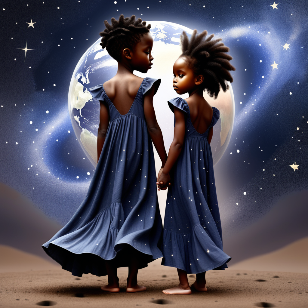 prompt: a black women indigo child with a dress on helping the world with a black women star seed child standing by his side helping  they are twins but different with stars all around them
 