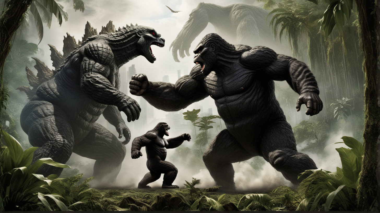 Godzilla and King Kong fighting in the jungle