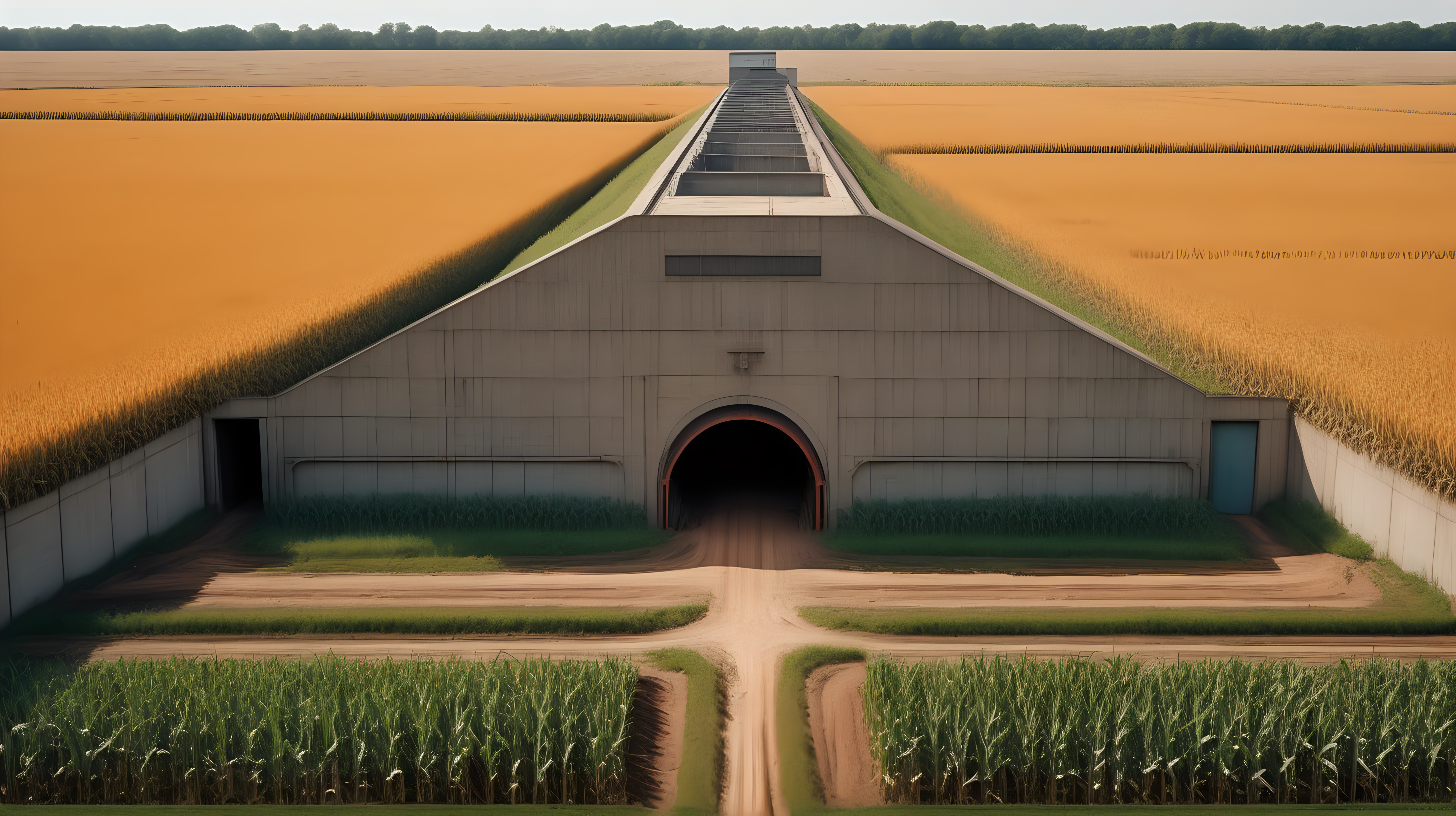 high quality photograph of a cross section of an industrial building in the middle of a cornfield with a tunnel running down into the earth in the style of a wes anderson movie
