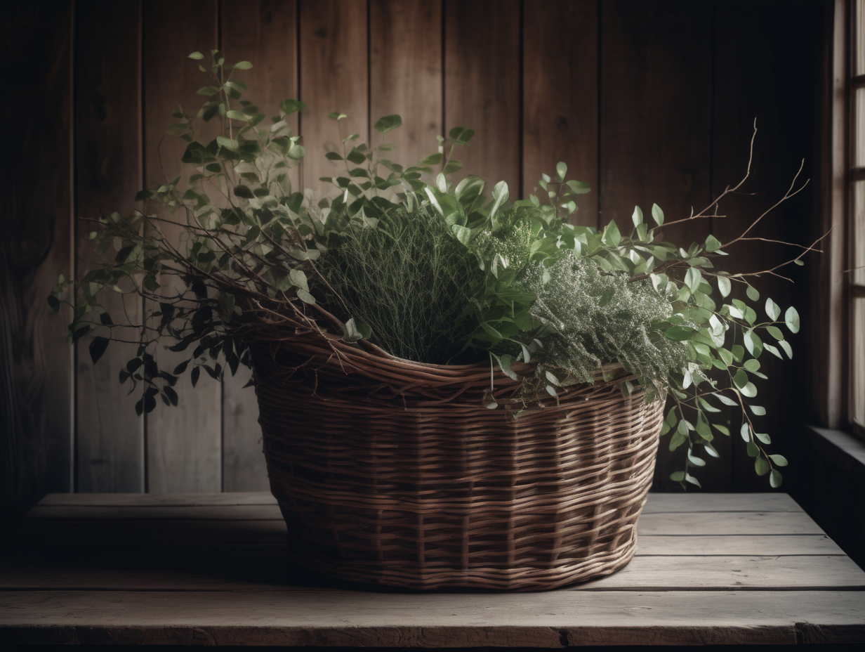 big woven basket with branches, shrubs and greenery on a rustic wooden table in a cottage. moody, ambient style