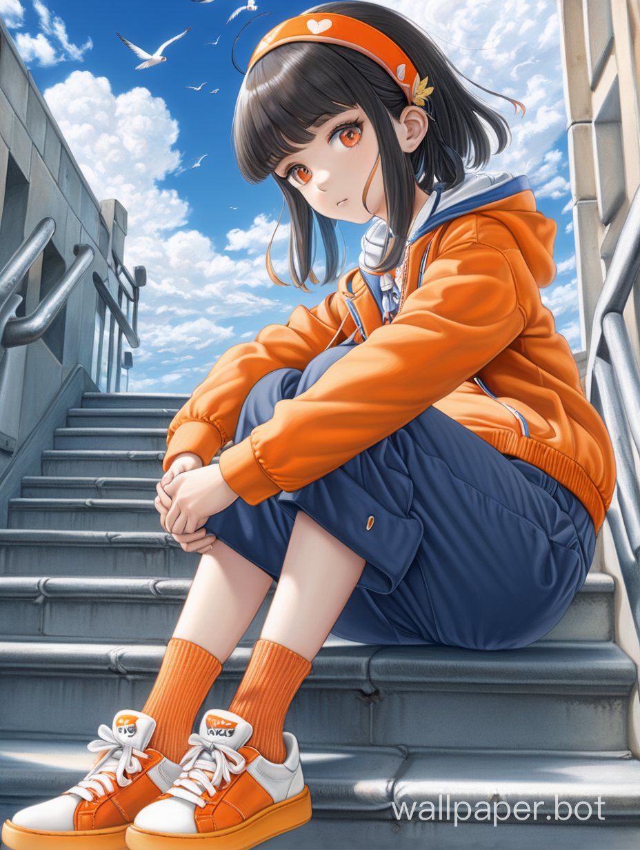 ultra-detailed,(best quality),((masterpiece)),(highres),original,extremely detailed 8K wallpaper,(an extremely delicate and beautiful), anime, \\, BREAK 1girl,orange shoes,solo,sitting,sky,clouds,outdoors,black hair,bird,upward view,blue sky,white socks,daytime,orange jacket,building,long sleeves,leaves,long hair,stairs,red headband,pump Rope,headband,bangs,cloudy sky,from_below,wide_shot,