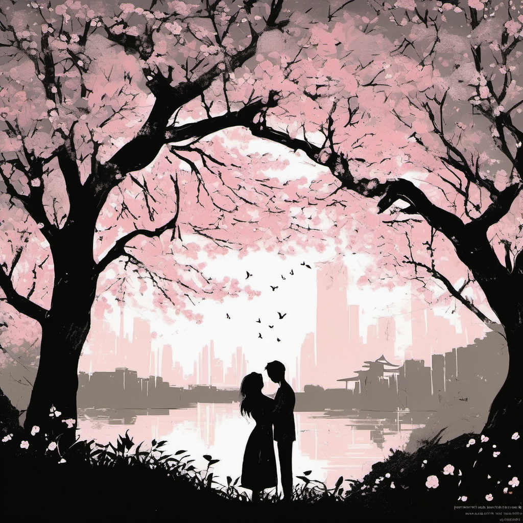 The painting depicts two silhouettes embracing against a