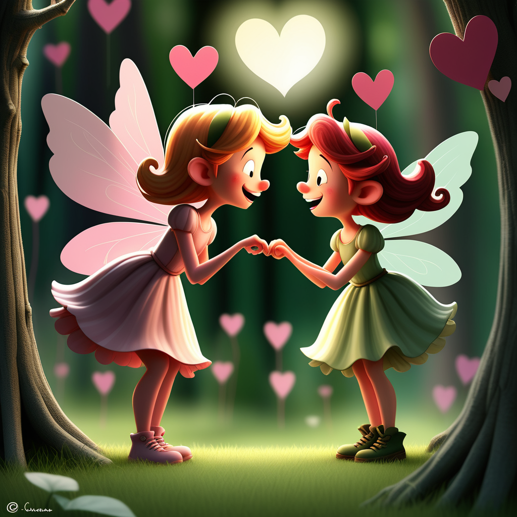 /envision prompt: "Whimsical fairy valentines" translated into a charming comic strip, drawing inspiration from the whimsical style of Bill Watterson. The fairies, with expressive and endearing features, embark on heartwarming adventures in a enchanted woodland. The color palette exudes warmth, with soft greens and pinks dominating the scenes. Facial expressions range from mischievous grins to heartfelt camaraderie, capturing the essence of playful love. The lighting is dynamic, shifting between sunny meadows and moonlit glades. The overall atmosphere radiates joy, friendship, and the magic of love.--v 5 --stylize 1000