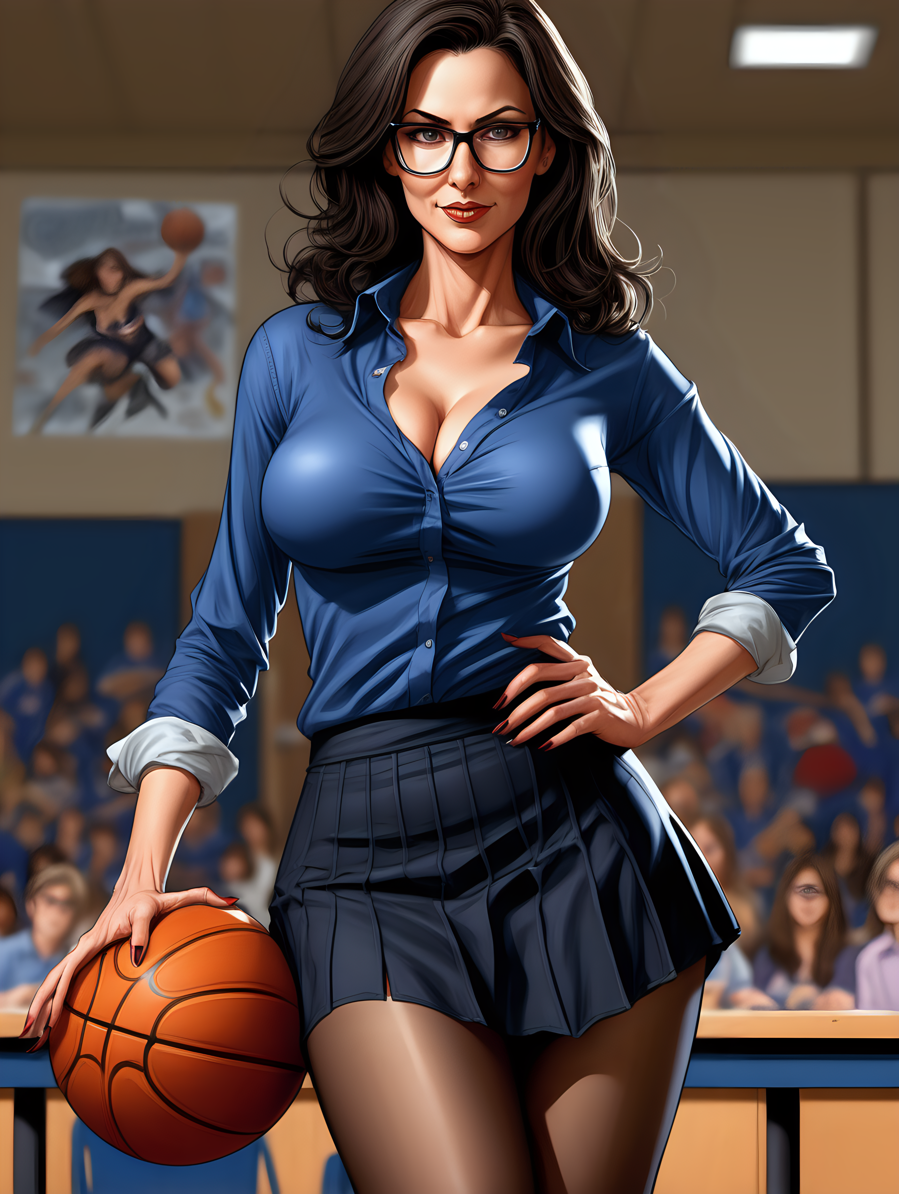 Beautiful, mature, brunette woman, teacher, glasses, ripped [Dark blue]shirt, breasts exposed, seductive [Detailed comic book art style] flowy black skirt, pantyhose,  thighs spread, basketball game