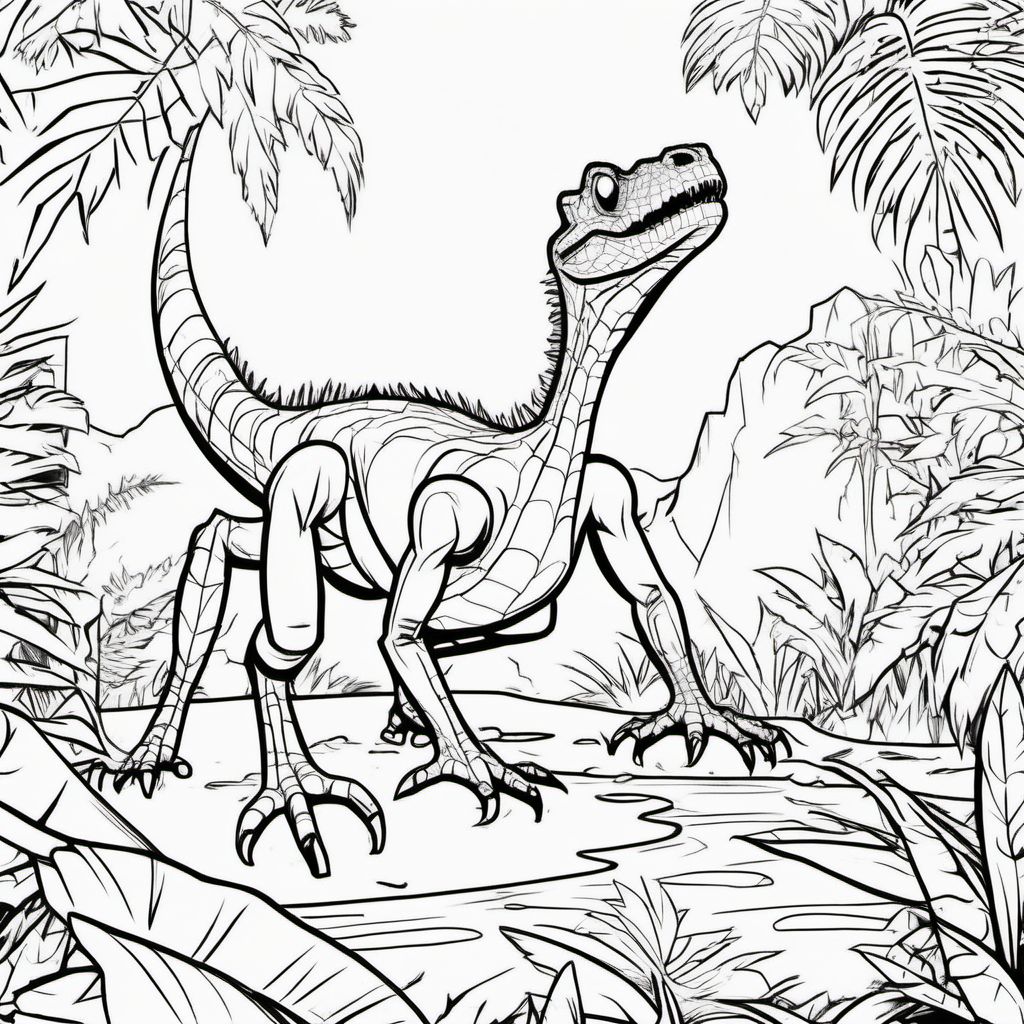 A dinosaur spider, in a jungle, coloring book pages