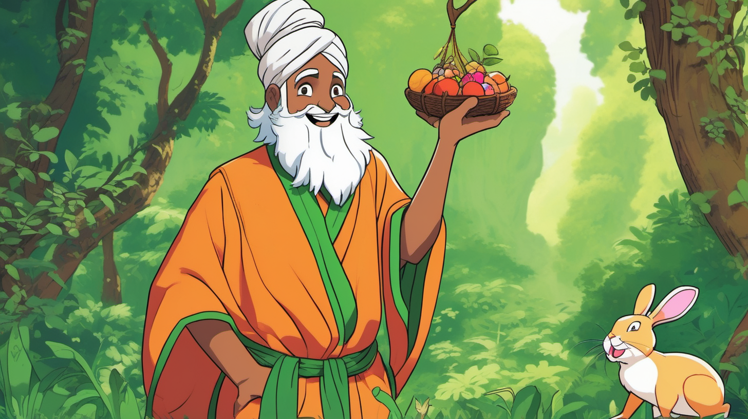 a smiling cartoon rishi in a saffron robe with white beard looking at the rabbit collecting fruits in a green jungle