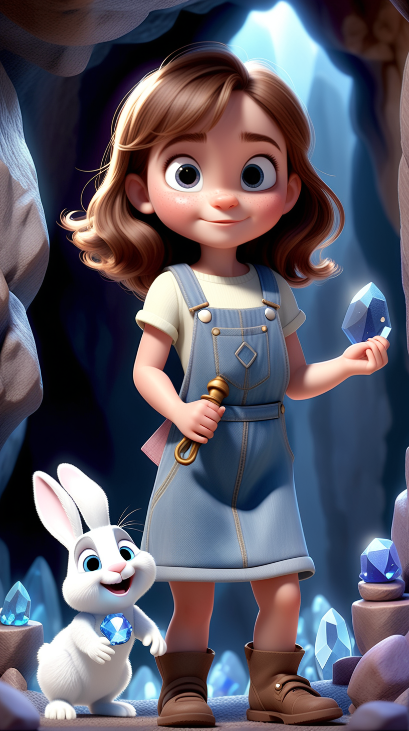 imagine 4 year old small girl with brown hair, fair skin, light brown eyes, wearing a denim dress overall, use Pixar style animation, make it full body size, standing inside a cave holding a key with a blue crystal encrusted, surrounded by crystals, next to a white bunny