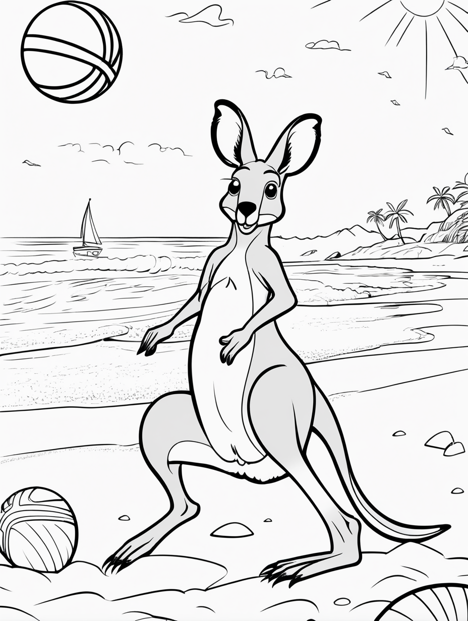 simple colouring page for kids, Kangaroo playing with a beach ball at the Beach, clean line art, --HD--AR 1:1.41