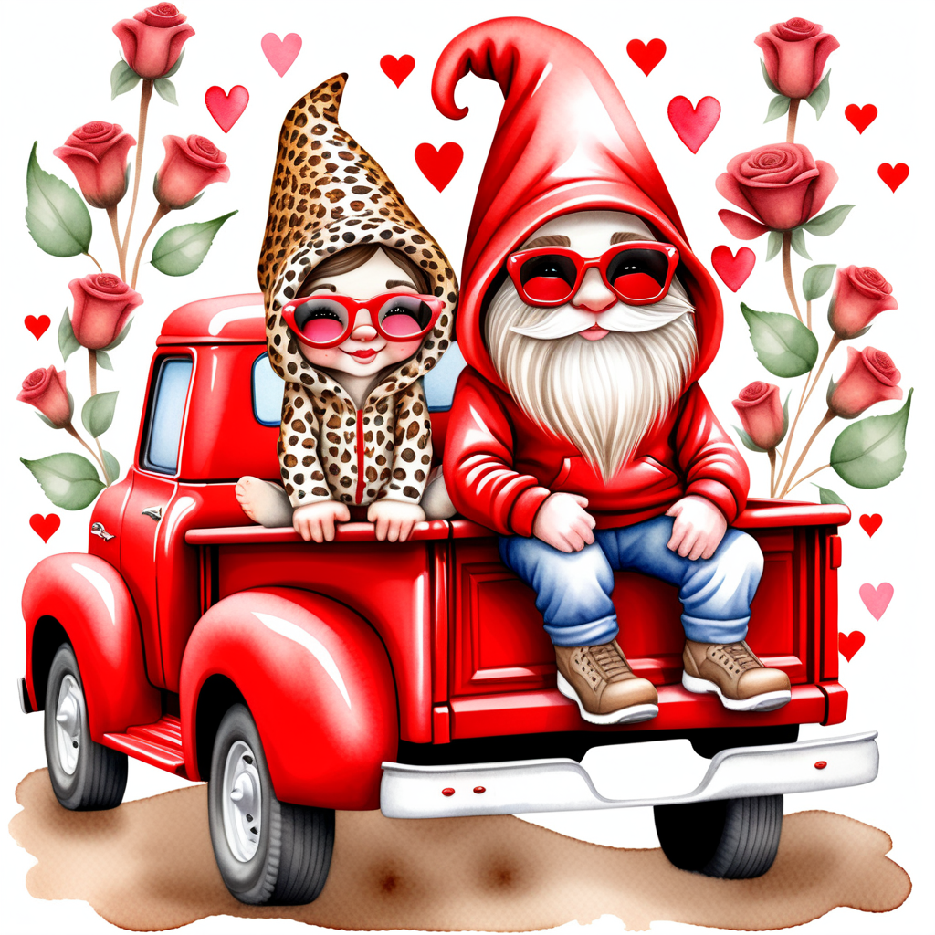 Create a watercolor gnome in a vintage red chevy truck wearing a leopard-skin hoodie which covers his eyes. Next to him sits his lady gnome with a pretty red bow in her hair. Add Valentines motifs to the image such as hearts or red roses. 