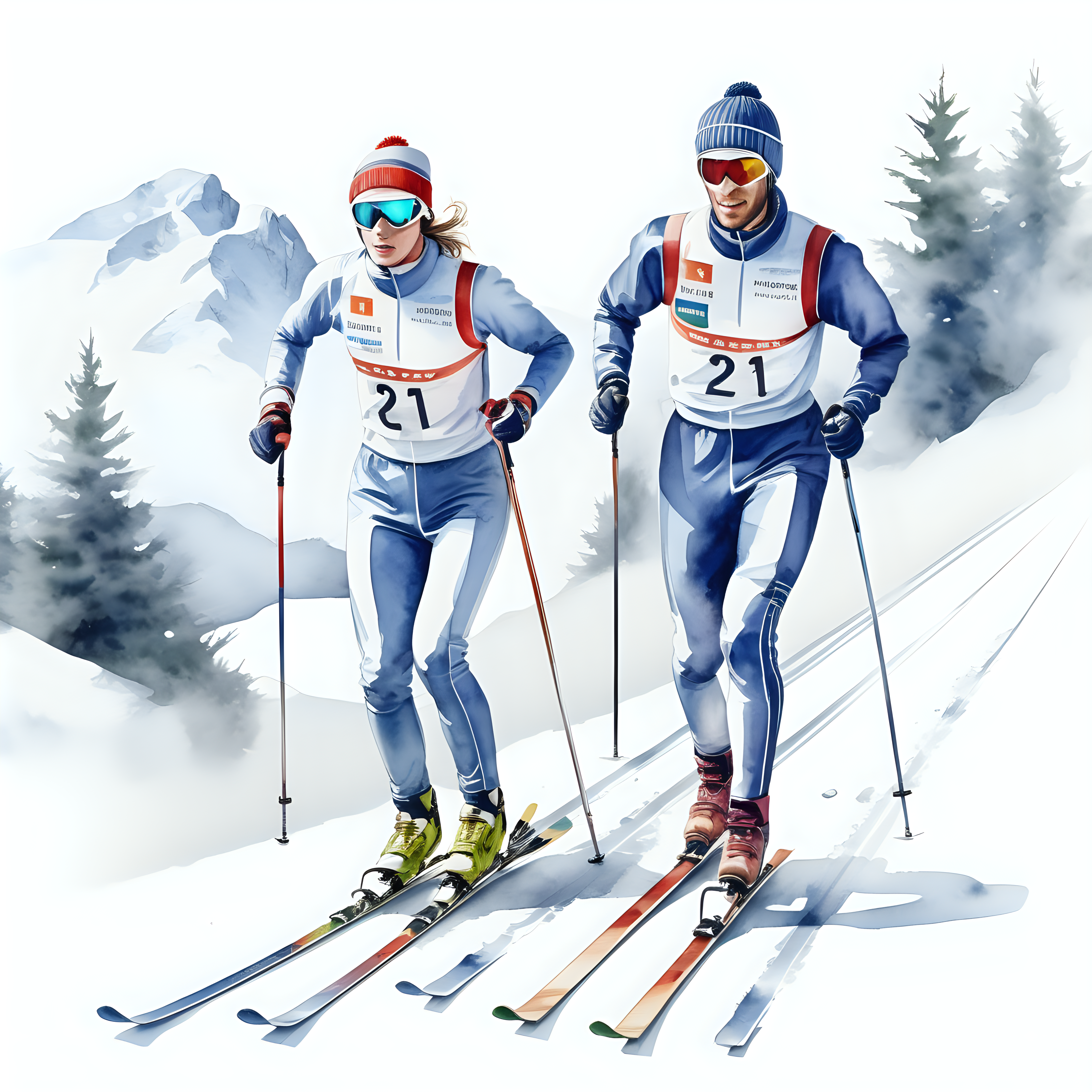 bílé pozadí_vytvoř realistickou ilustraci závodní oblečení_soutěž_dvou běžeckých lyžař na trati ve stylu akvarelu_ zimní bílá krajina