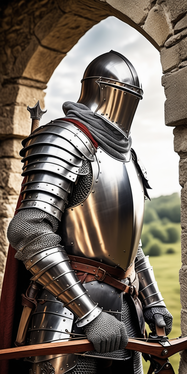 realistic medieval knight looking down the sights of