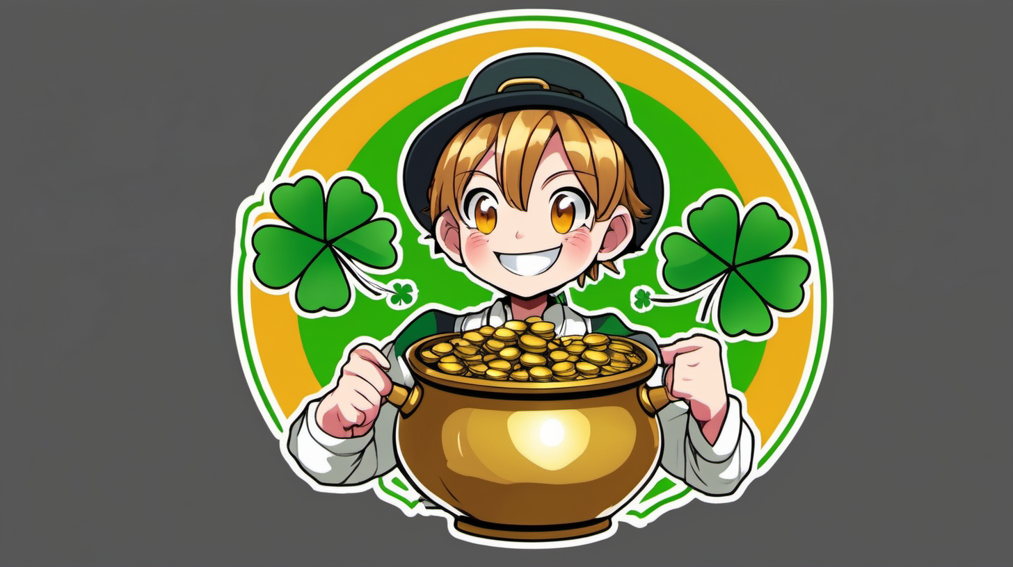 Happy anime character with clover in hand and pot of gold (logo)