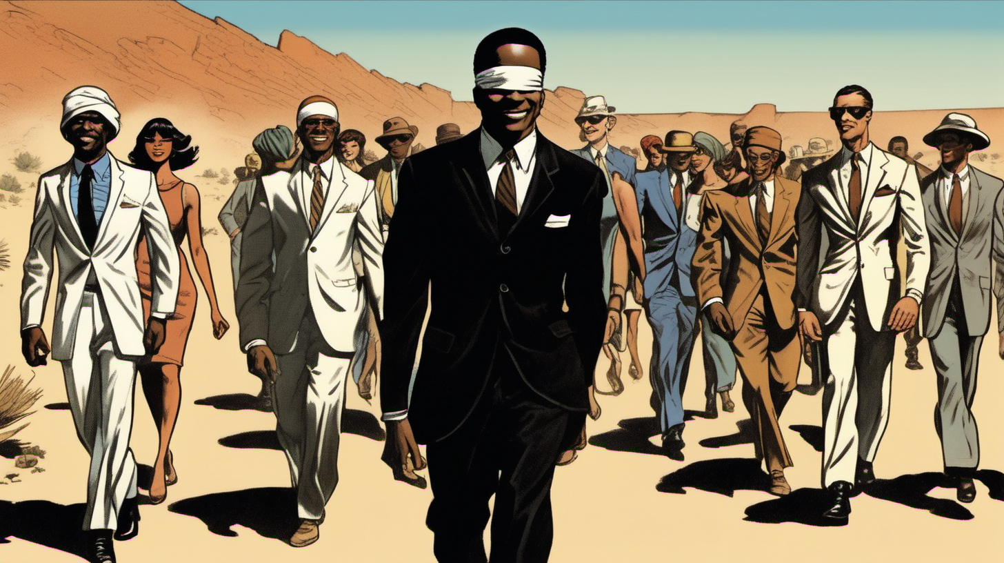 a blindfolded black man with a smile leading a group of gorgeous and ethereal white and black mixed men & women with earthy skin, walking in a desert with his colleagues, in full American suit, followed by a group of people in the art style of Ed Emshwiller comic book drawing, illustration, rule of thirds