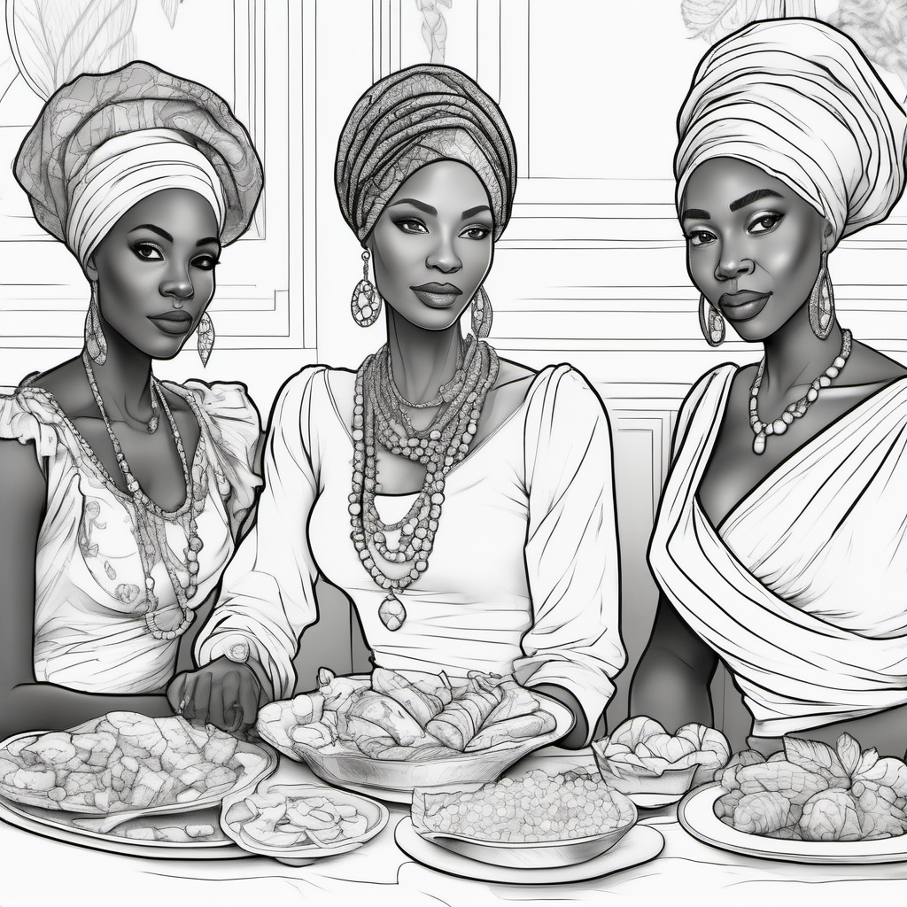 black and white, coloring page, African American people at a grand feast, women with head wraps, elegantly dressed,  no background, no fills, no dither, no gradient on body or hair, no color on body or hair