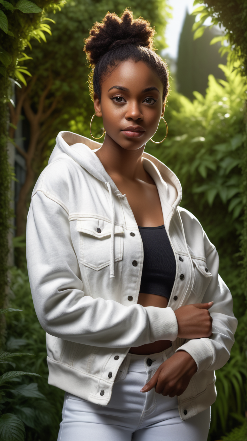 A beautiful, young Black woman, standing against a lush garden background, Facing the camera straight ahead, wearing a white, denim jacket, wearing a heather read hooded sweatshirt, lighting is over the left shoulder, from behind, pointing down ultra 4k render, high definition, deep shadows
