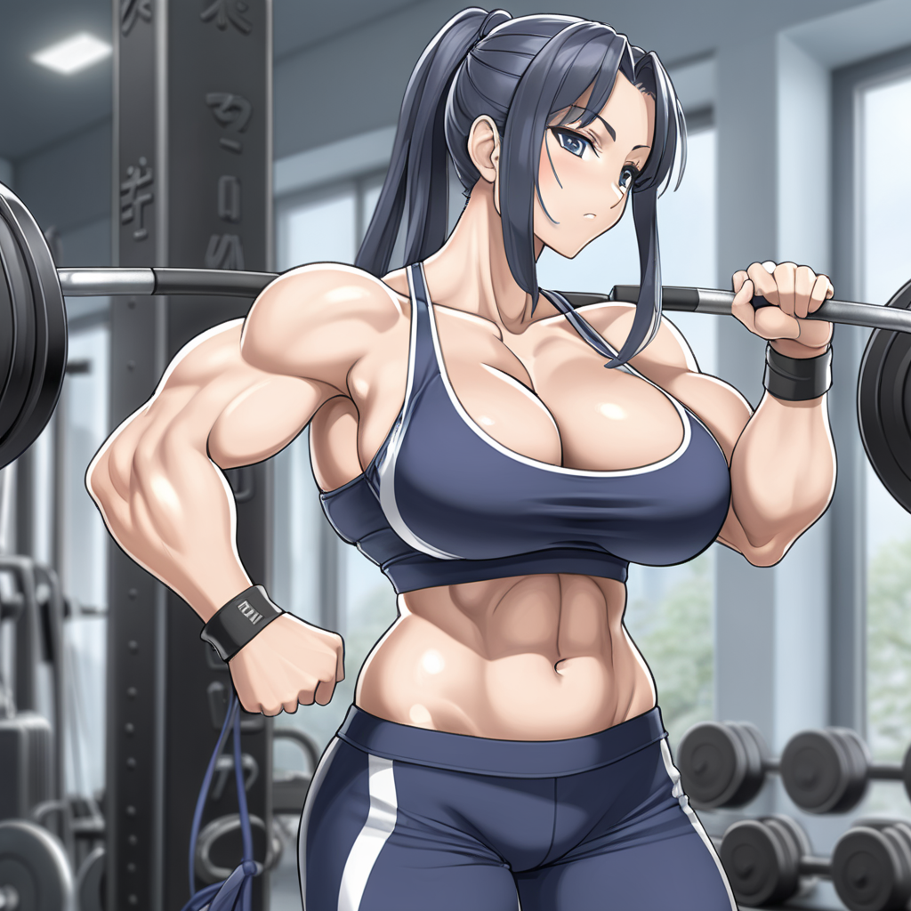 anime woman with muscles and big boobs wearing workout clothes
