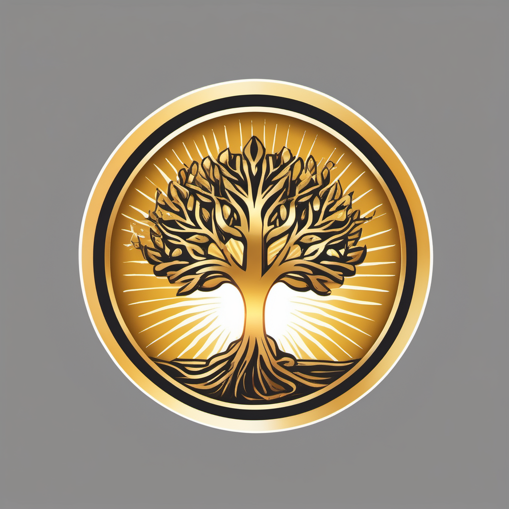 logo with a golden tree and a sun behind it







