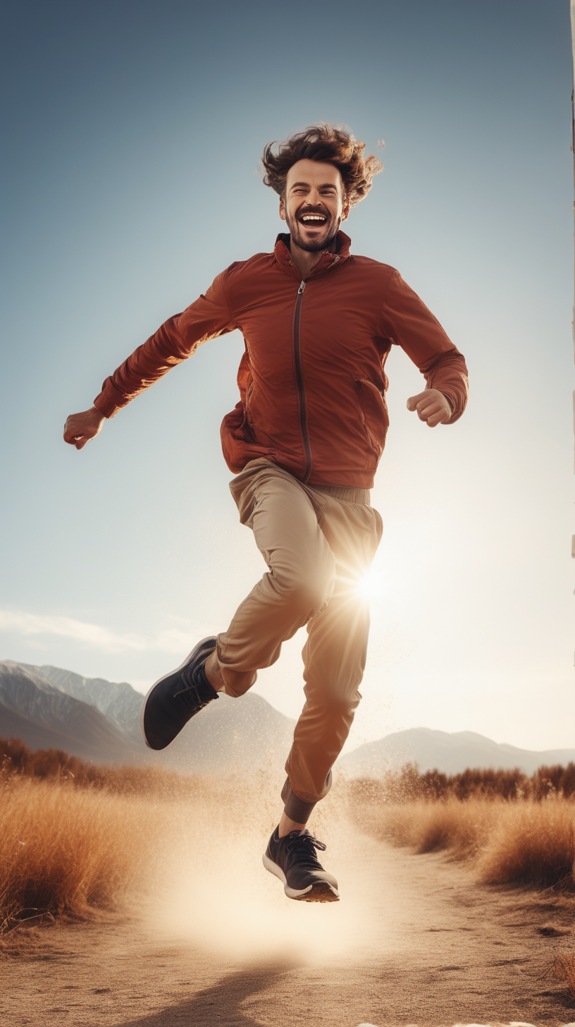 man with boundless energy running and jumping