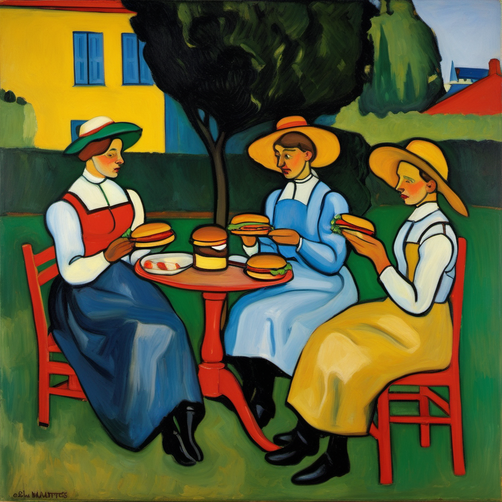 Four people sitting in Gabriele Mnters garden eating