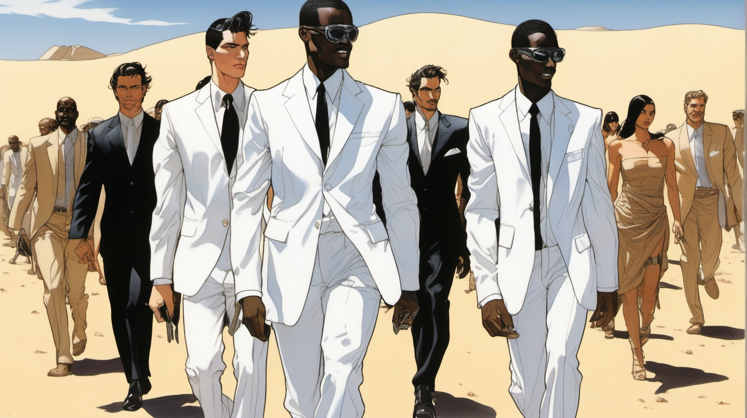 three men with a smile leading a group of gorgeous and ethereal white,spanish, & black mixed men & women with earthy skin, walking in a desert with his colleagues, in full American suit, followed by a group of people in the art style of Hajime Sorayama comic book drawing, illustration, rule of thirds
