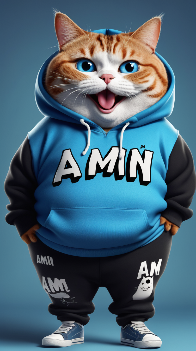 Fat Cat, bulging eyes, funny face, laughing, wearing a blue and black hoodie with Amin written on it, black pants,