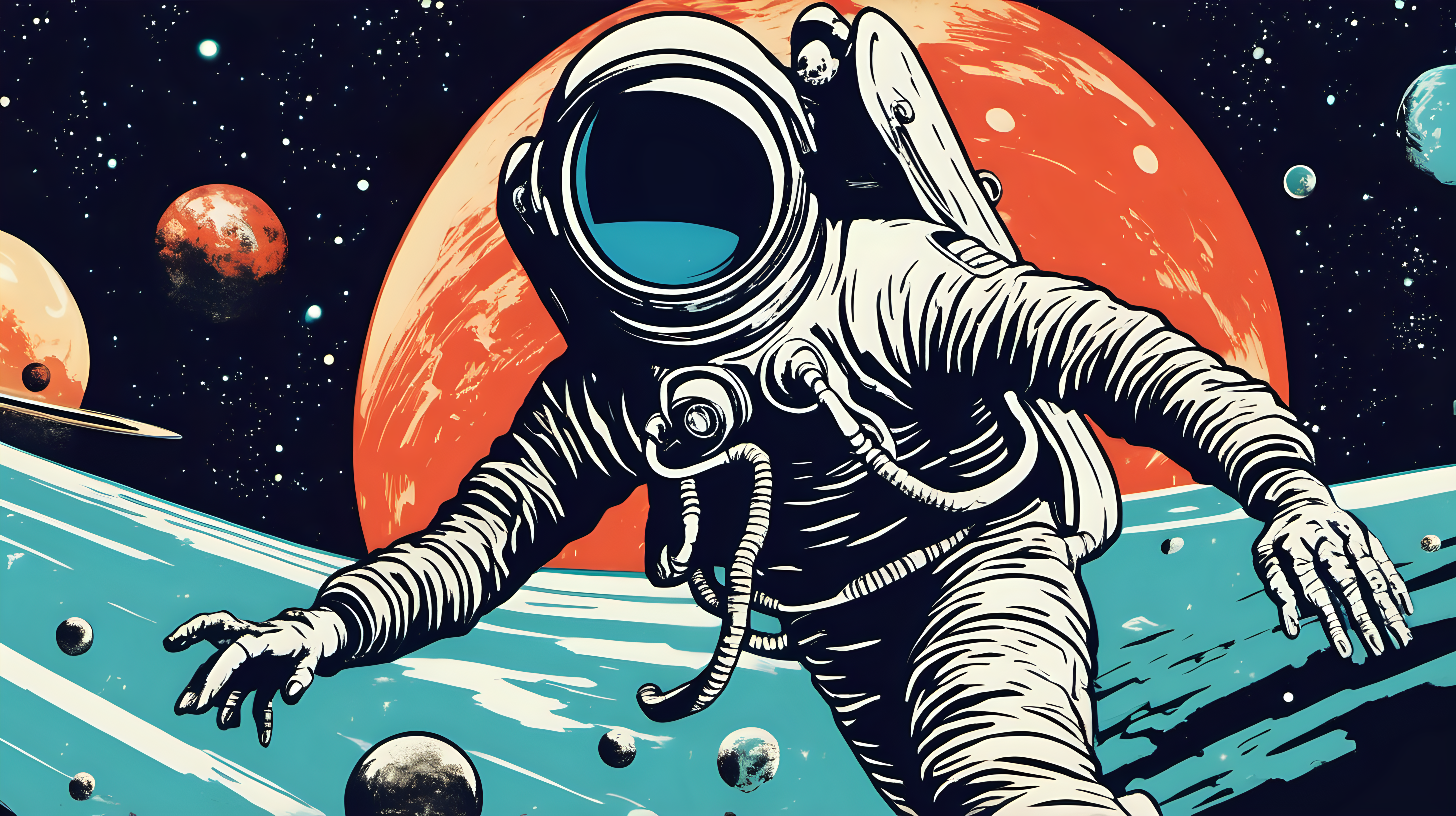 A 1950's-era science fiction spaceman floating in space, a ringed planet behind him. Pop Art style.