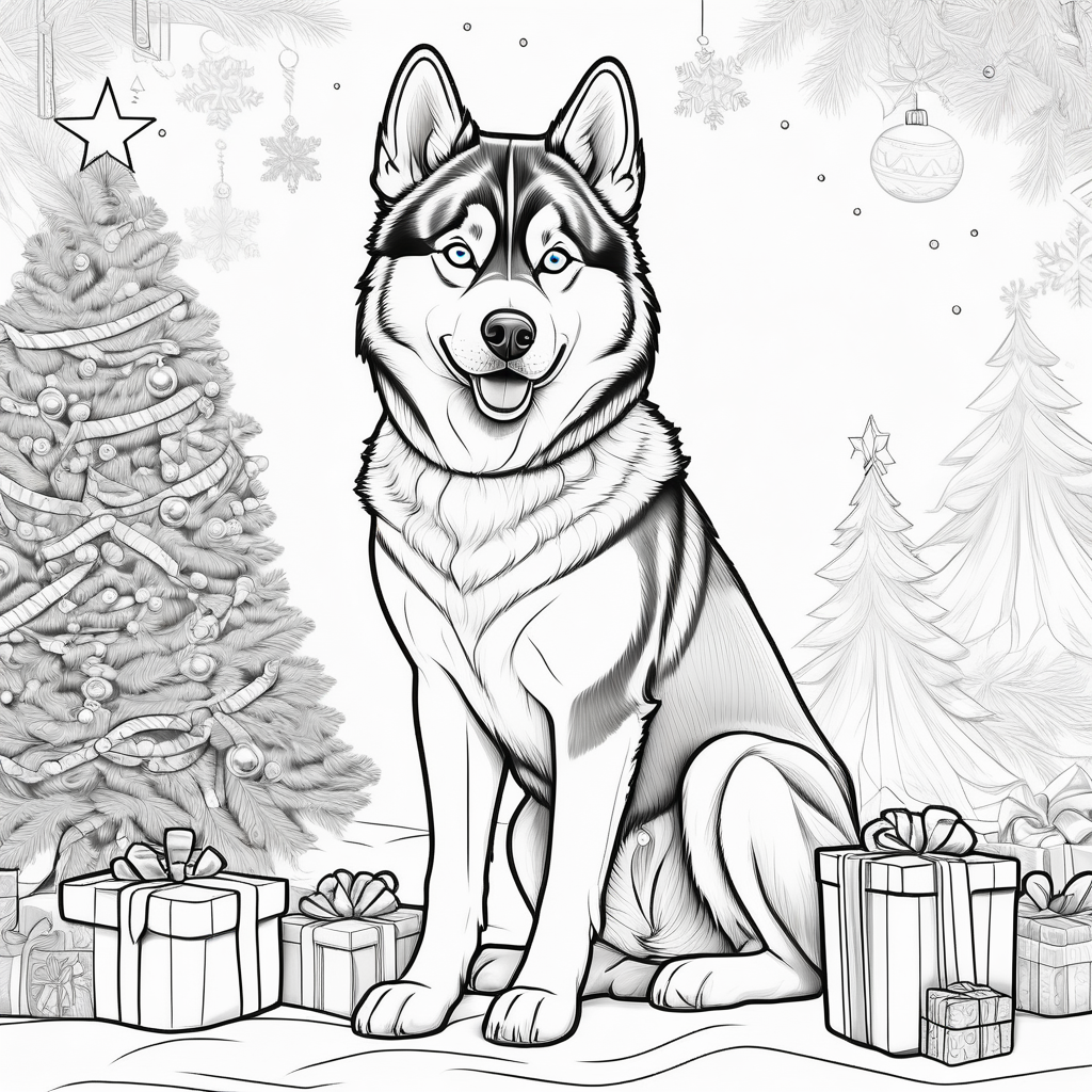 coloring book outline for adult husky christmas theme